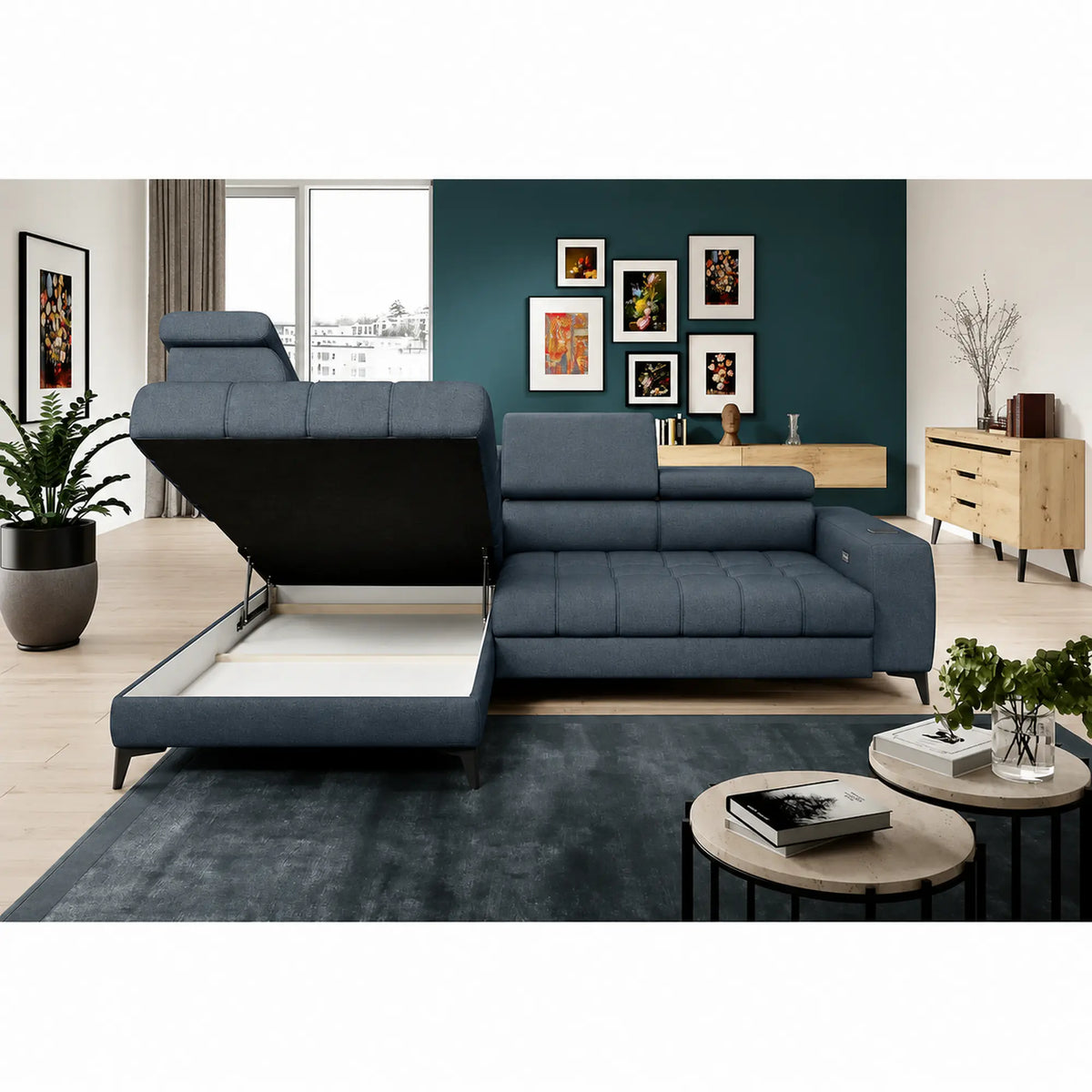 Coltar modern pentru living BAGGIO, sezlong stanga, stofa catifelata albastru - Whisper 12, cu reglaj electric, incarcator wireless, 280x196x100 cm