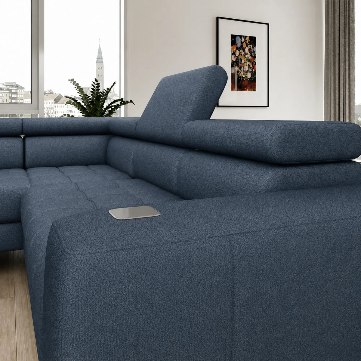 Coltar modern pentru living BAGGIO, sezlong stanga, stofa catifelata albastru - Whisper 12, cu reglaj electric, incarcator wireless, 280x196x100 cm