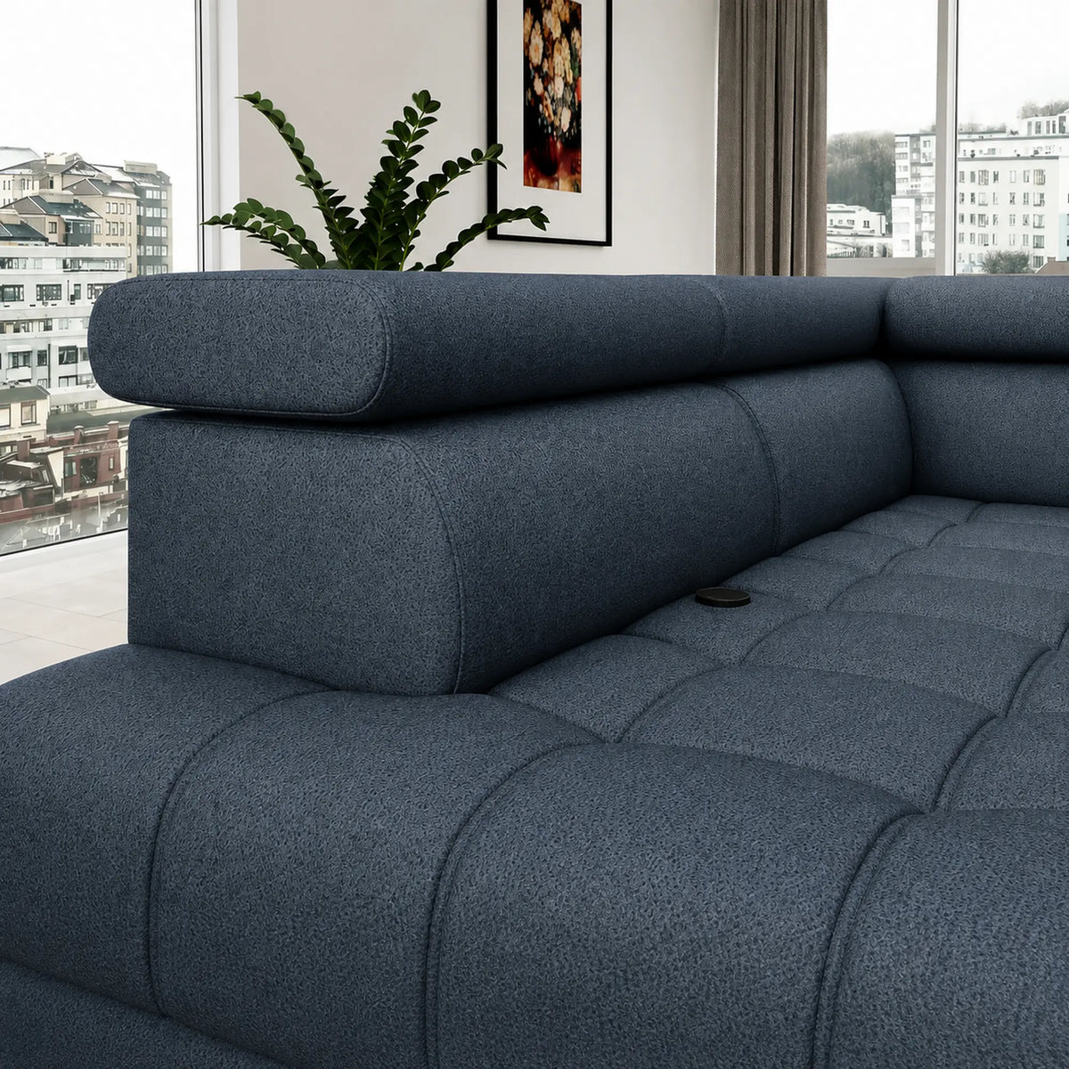 Coltar modern pentru living BAGGIO, sezlong stanga, stofa catifelata albastru - Whisper 12, cu reglaj electric, incarcator wireless, 280x196x100 cm