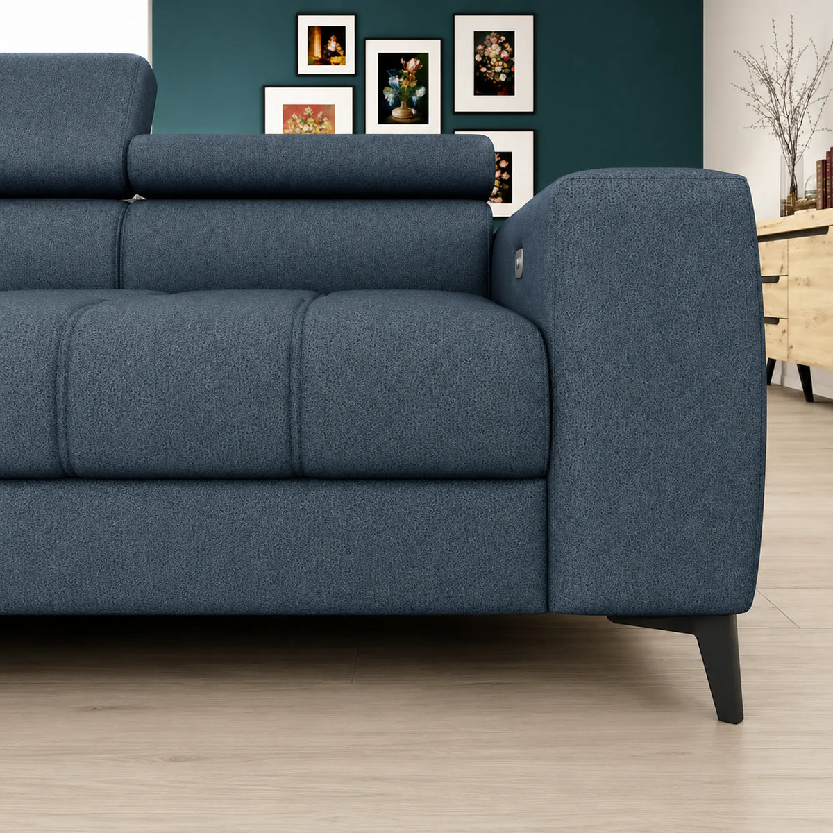 Coltar modern pentru living BAGGIO, sezlong stanga, stofa catifelata albastru - Whisper 12, cu reglaj electric, incarcator wireless, 280x196x100 cm