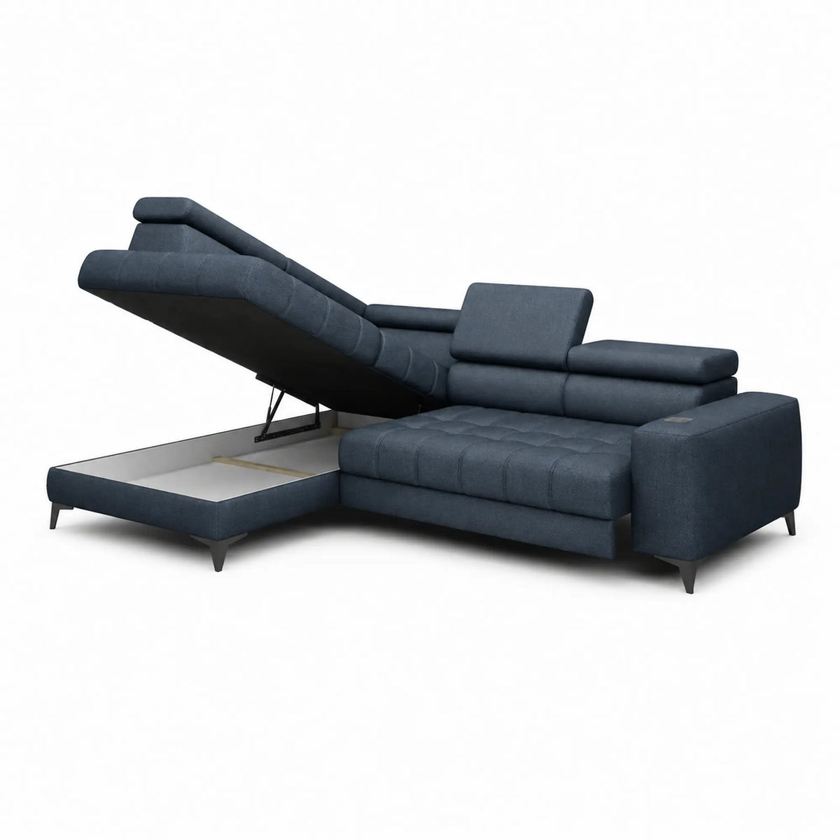 Coltar modern pentru living BAGGIO, sezlong stanga, stofa catifelata albastru - Whisper 12, cu reglaj electric, incarcator wireless, 280x196x100 cm