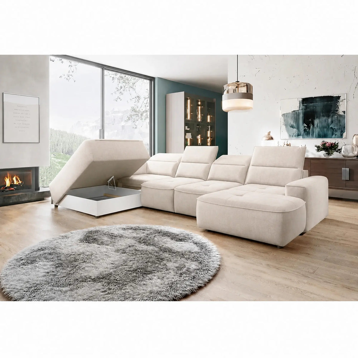Coltare living in forma de U COLOMBO XL, sezlong dreapta, stofa catifelata crem - Salvador 1, cu reglaj electric si lada depozitare, 376x227x103 cm