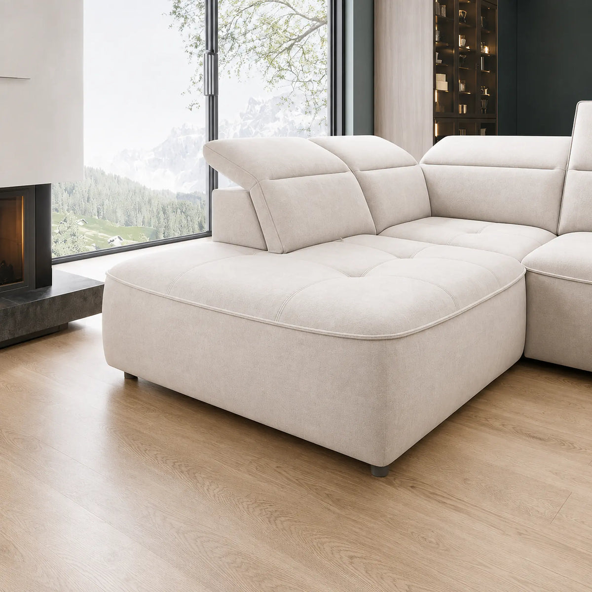 Coltare living in forma de U COLOMBO XL, sezlong dreapta, stofa catifelata crem - Salvador 1, cu reglaj electric si lada depozitare, 376x227x103 cm