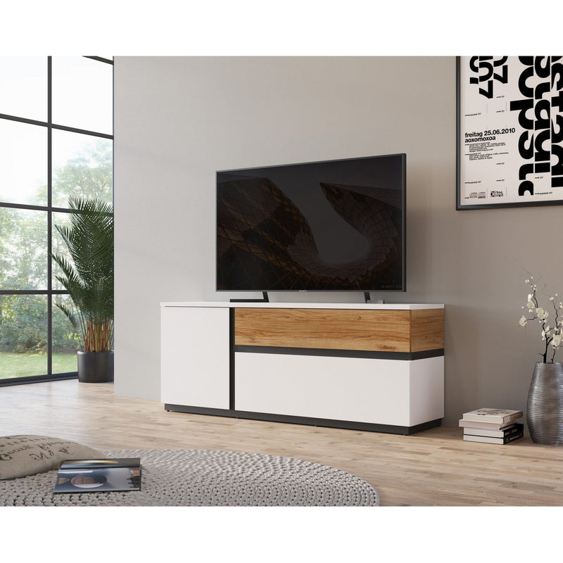 Comoda TV DUKE, alb/stejar, PAL, cu o usa si 2 sertare, 160.2x40x63.4 cm