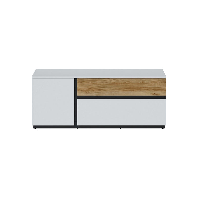 Comoda TV DUKE, alb/stejar, PAL, cu o usa si 2 sertare, 160.2x40x63.4 cm