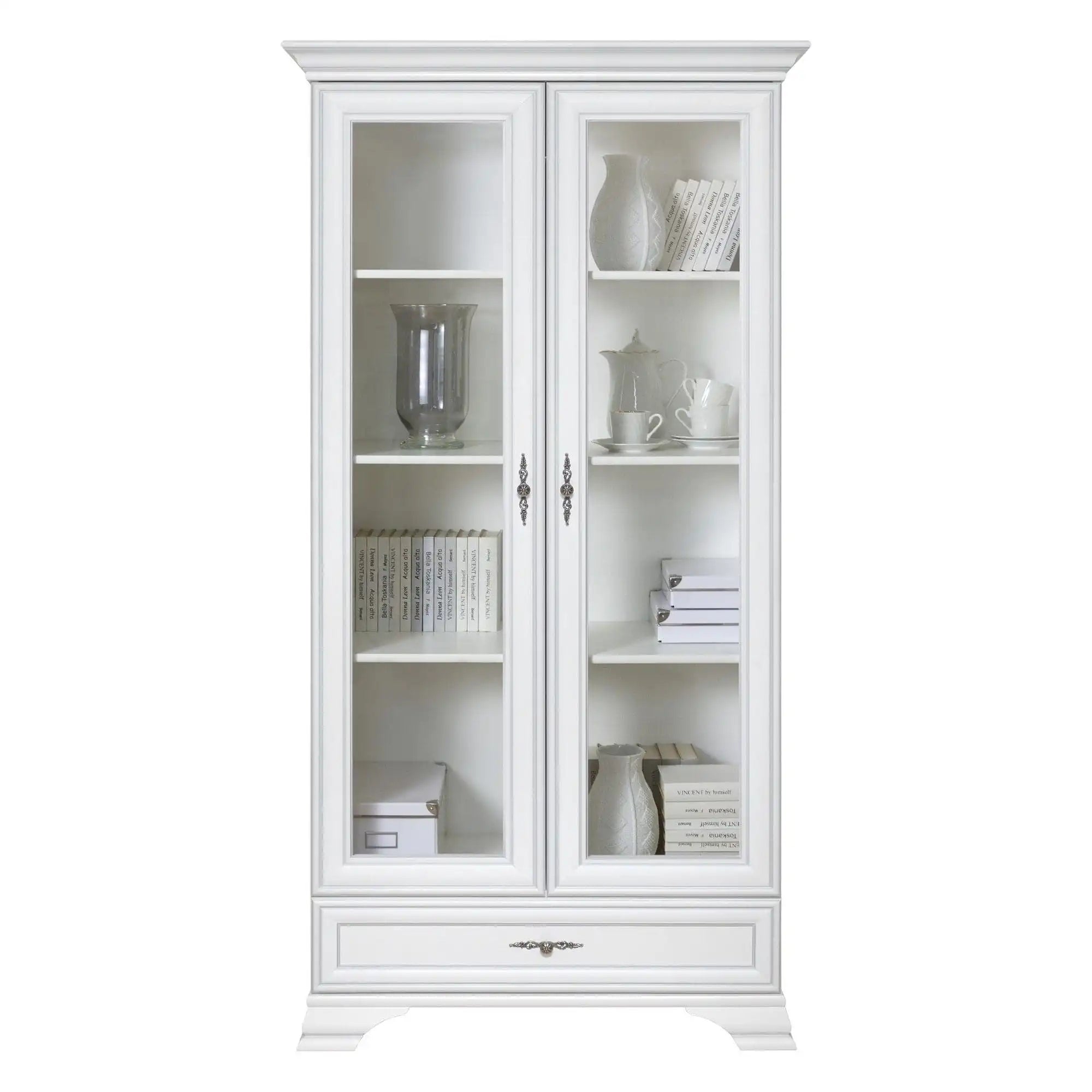 Mobilier living alb clasic IDENTO 7, format din vitrina, dulap, comoda, masuta cafea si comoda TV