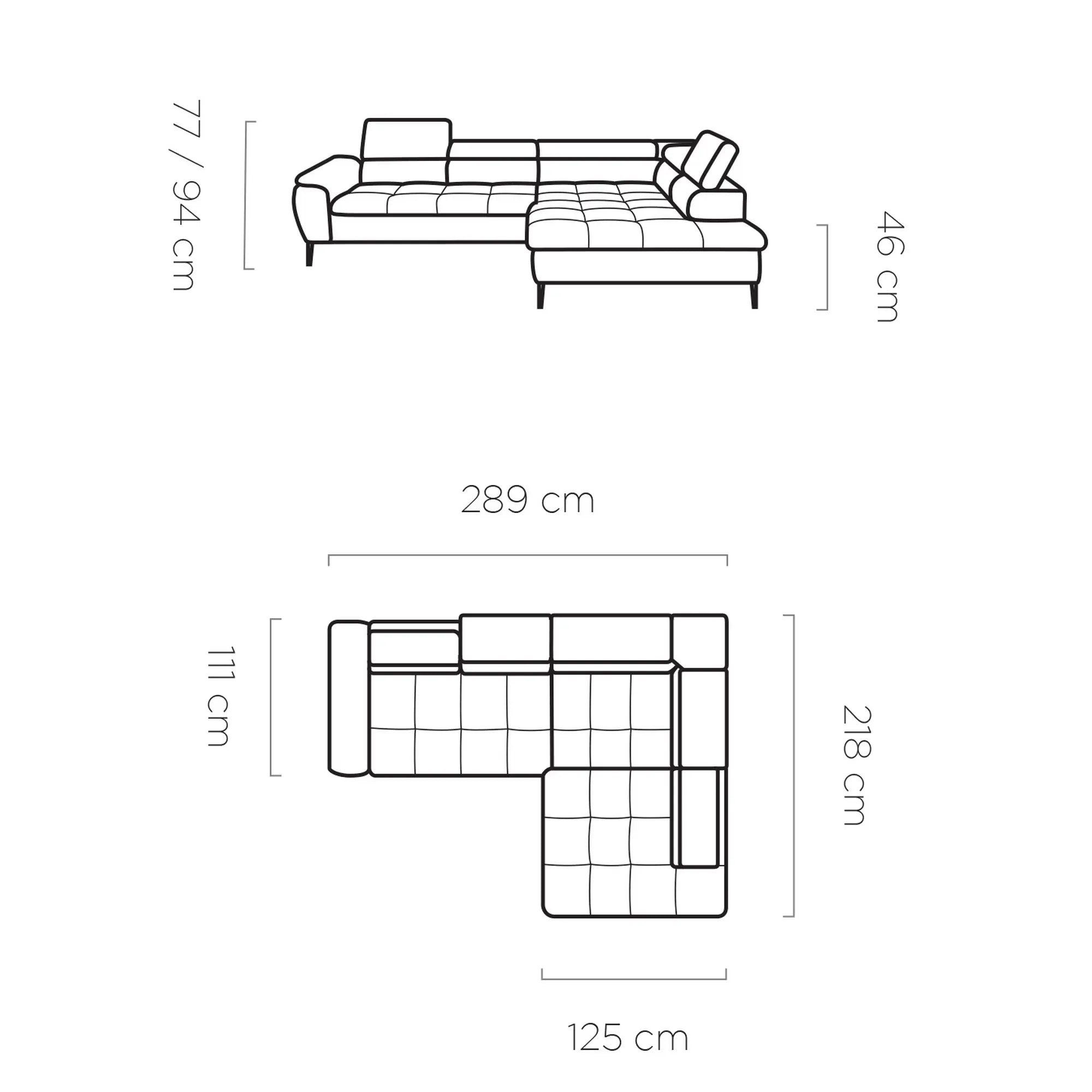 Coltar extensibil EMPOLI L, personalizabil materiale Gama Premium, cu lada depozitare si tetiere reglabile, 289x218x94 cm