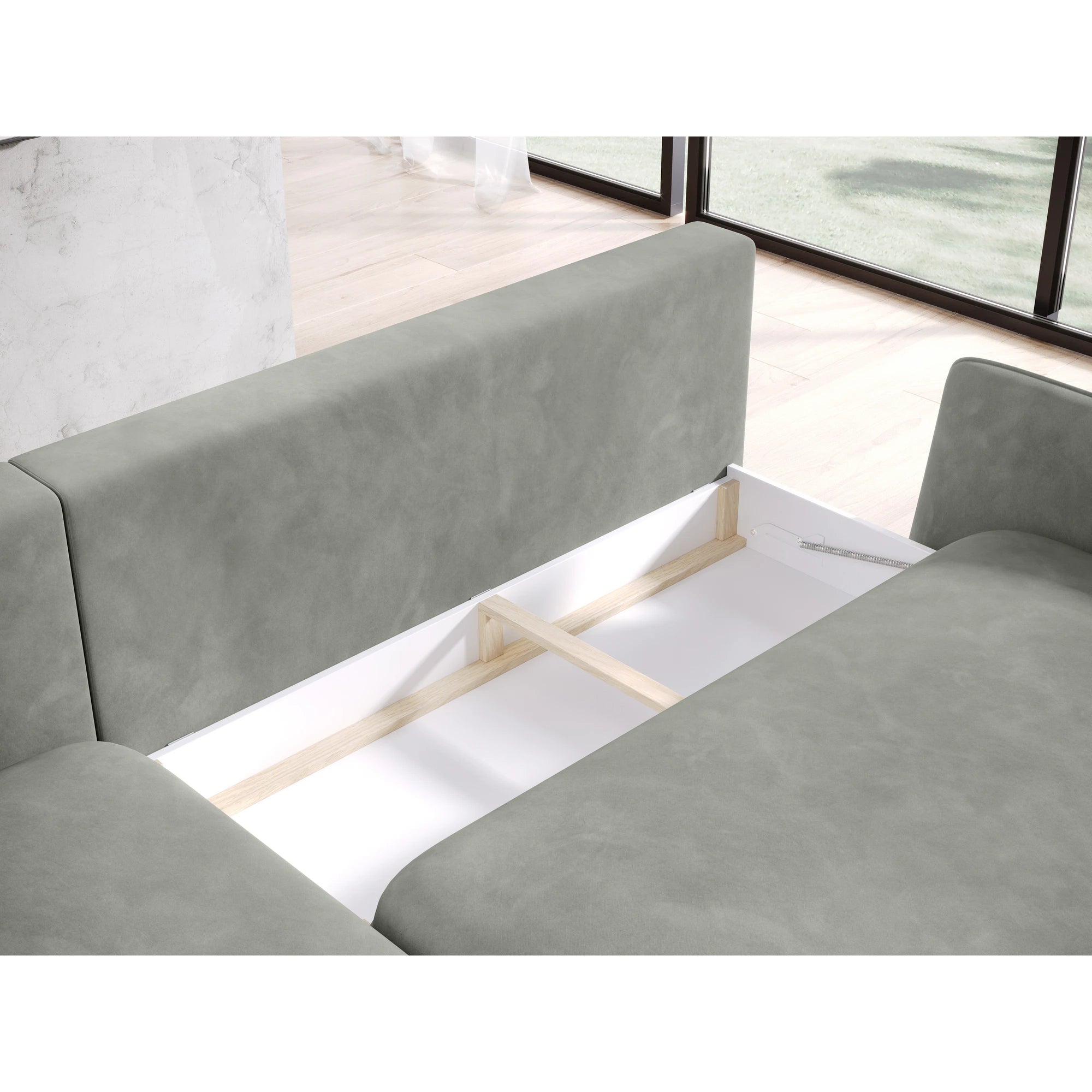 Coltar extensibil SOLANO, sezlong stanga, stofa catifelata bej - Whisper 3, Gama Premium, cu lada depozitare, 260x167x83 cm