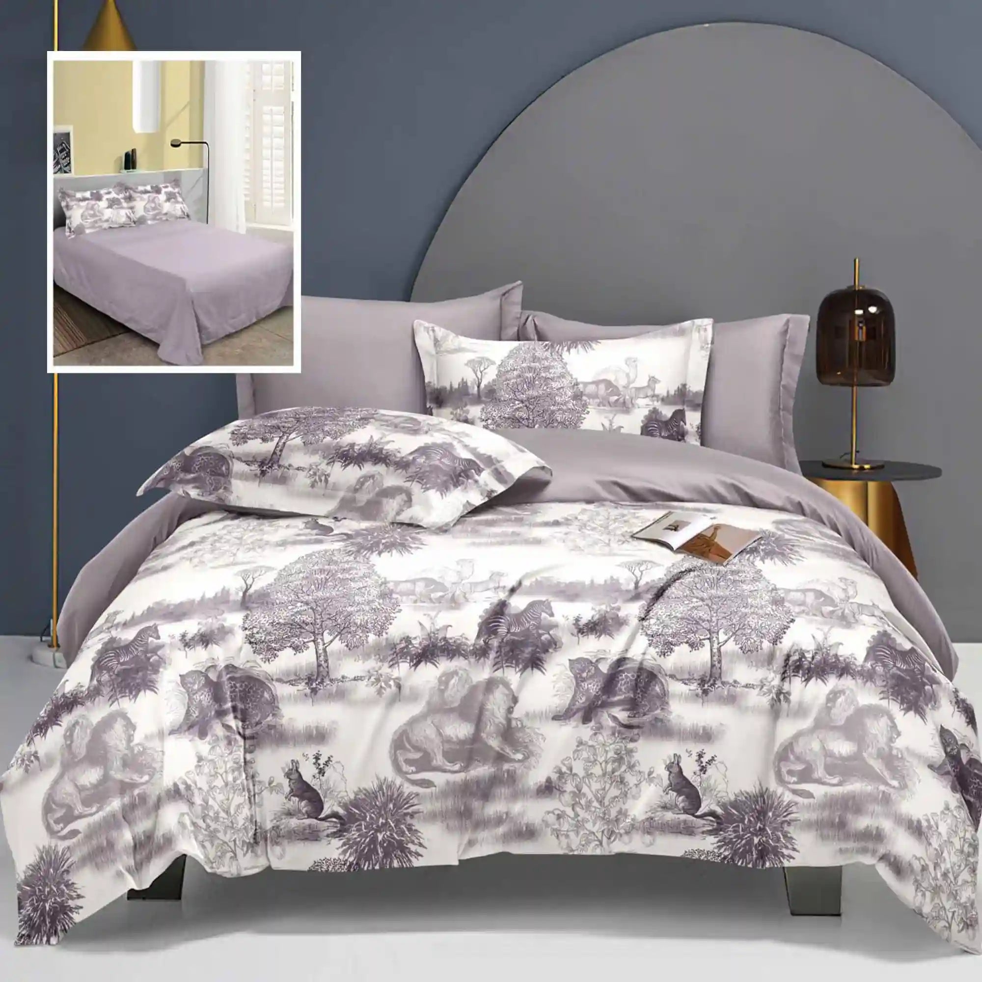 Set lenjerie pat LEC10, bumbac/poliester, gri/alb, 230x250 cm, cu cearceaf pat, cearceaf pilota, 4 fete perna