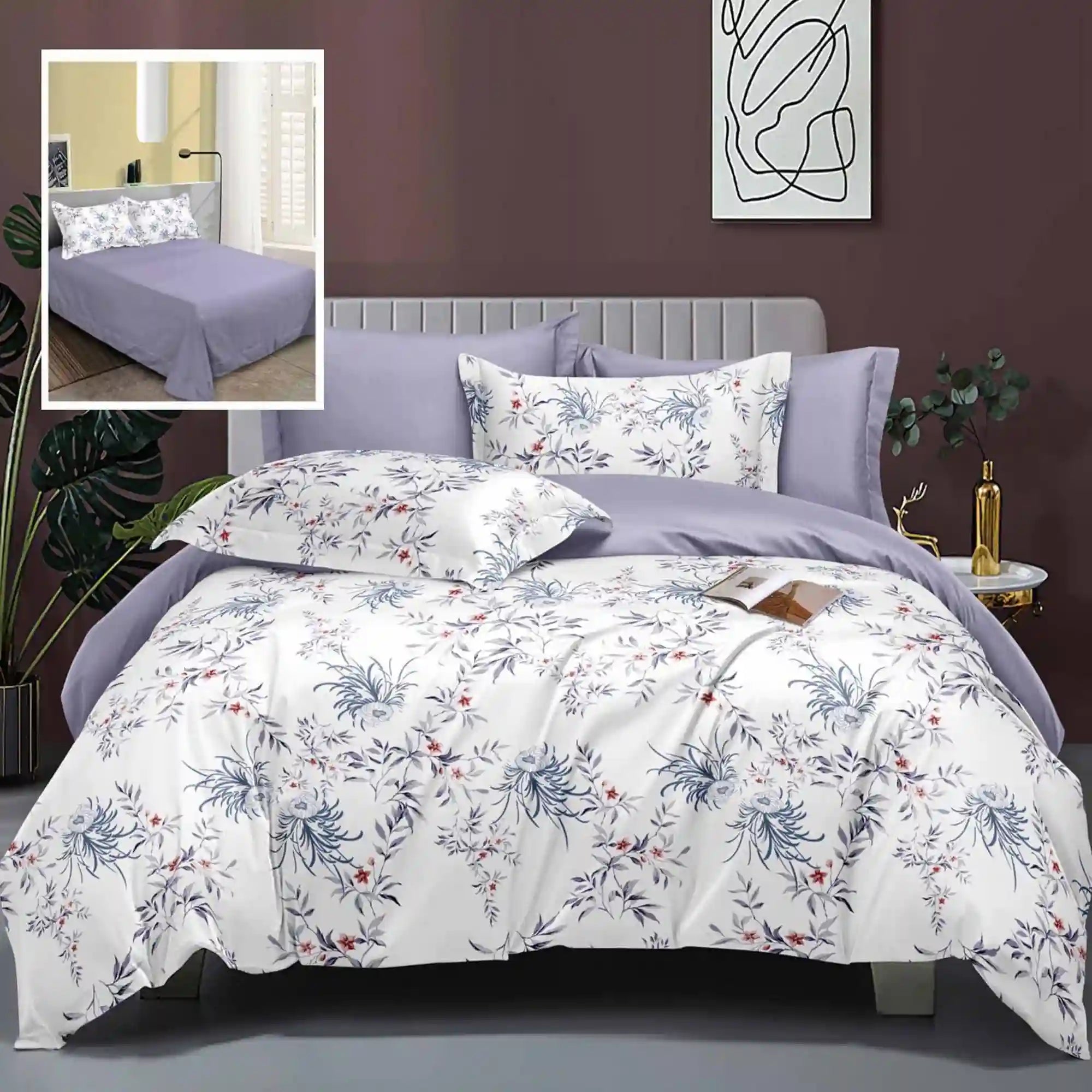 Set lenjerie pat LEC20, bumbac/poliester, mov dechis/alb, 230x250 cm, cu cearceaf pat, cearceaf pilota, 4 fete perna