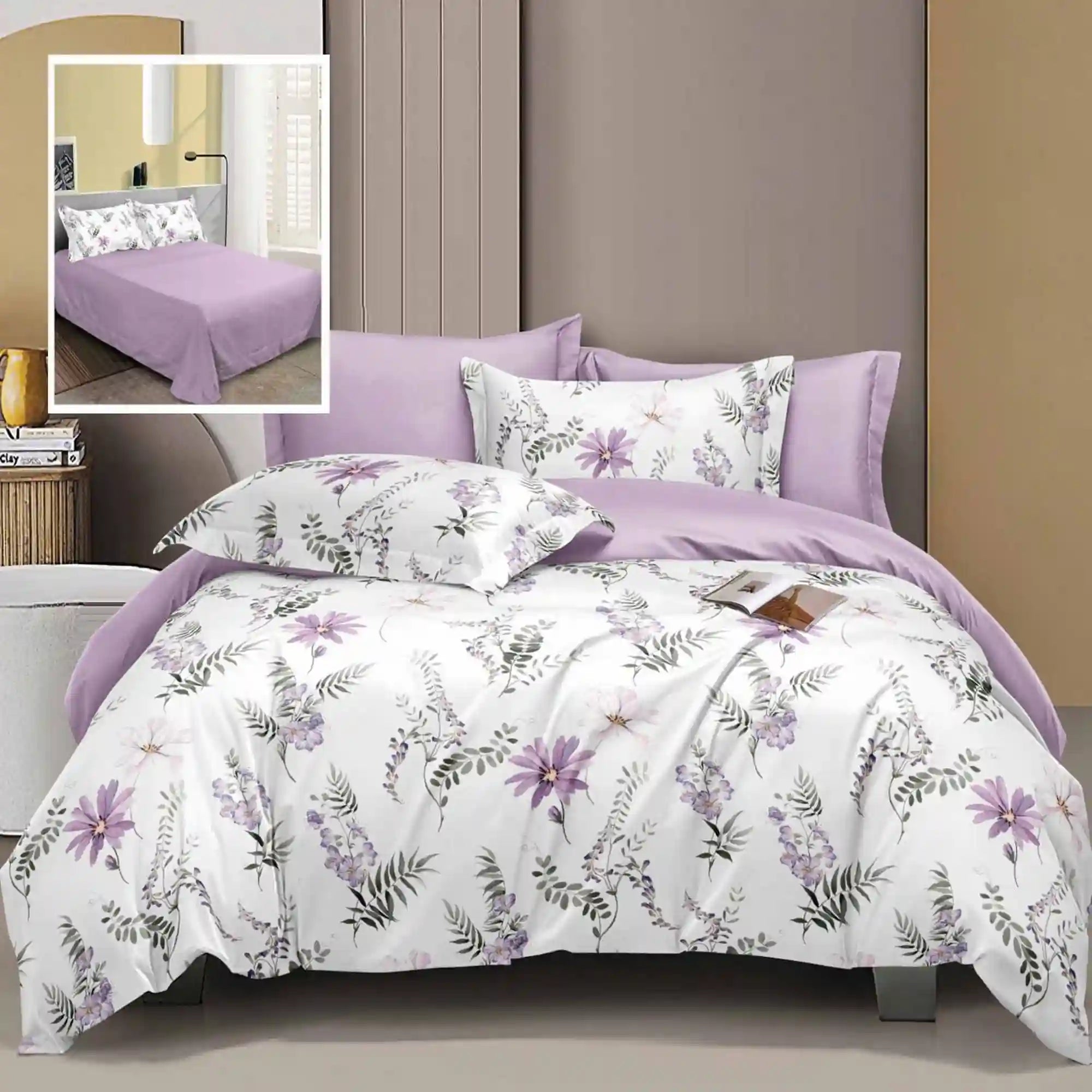 Set lenjerie pat LEC7, bumbac/poliester, lila/alb, 230x250 cm, cu cearceaf pat, cearceaf pilota, 4 fete perna