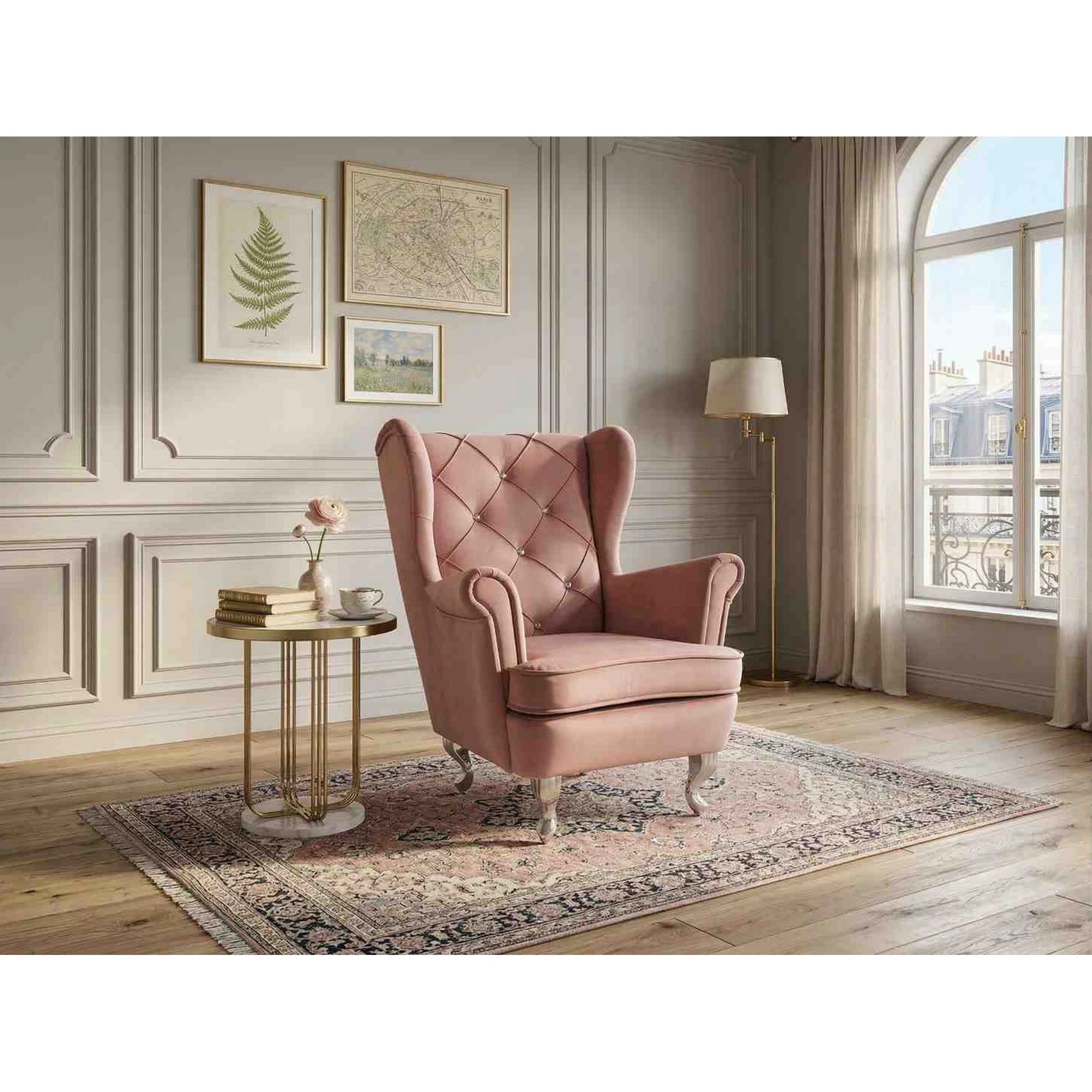 Fotoliu LILI, stofa catifelata roz antic - Bluvel 52/argintiu, 69x65x81 cm