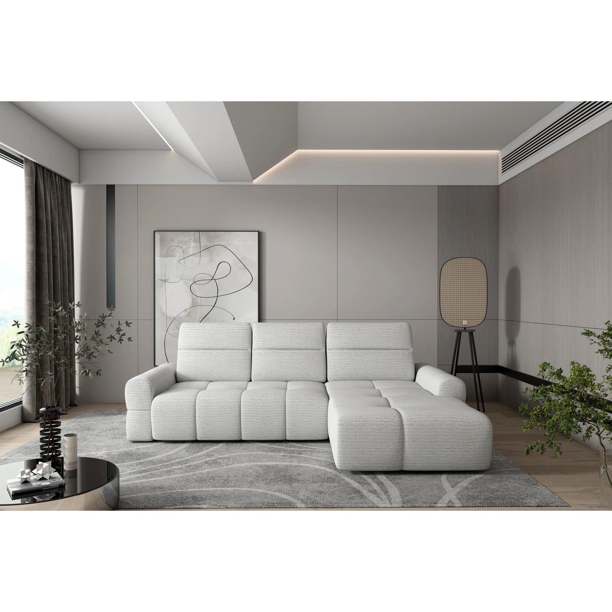 Coltar extensibil MATEO S, personalizabil materiale Oferta Avantaj, cu lada depozitare si tetiere reglabile, 273x183x99 cm