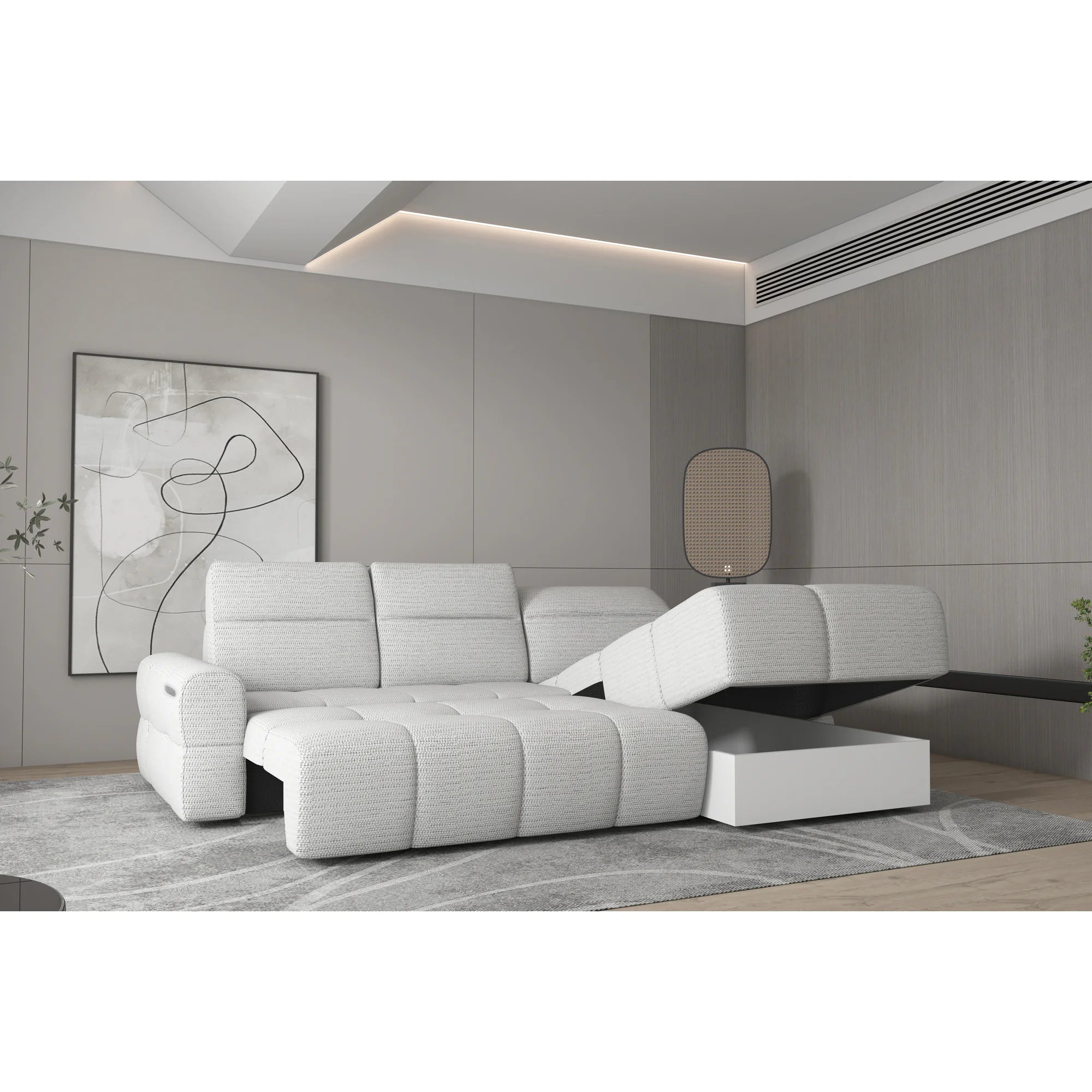Coltar extensibil MATEO S, personalizabil materiale Oferta Avantaj, cu lada depozitare si tetiere reglabile, 273x183x99 cm