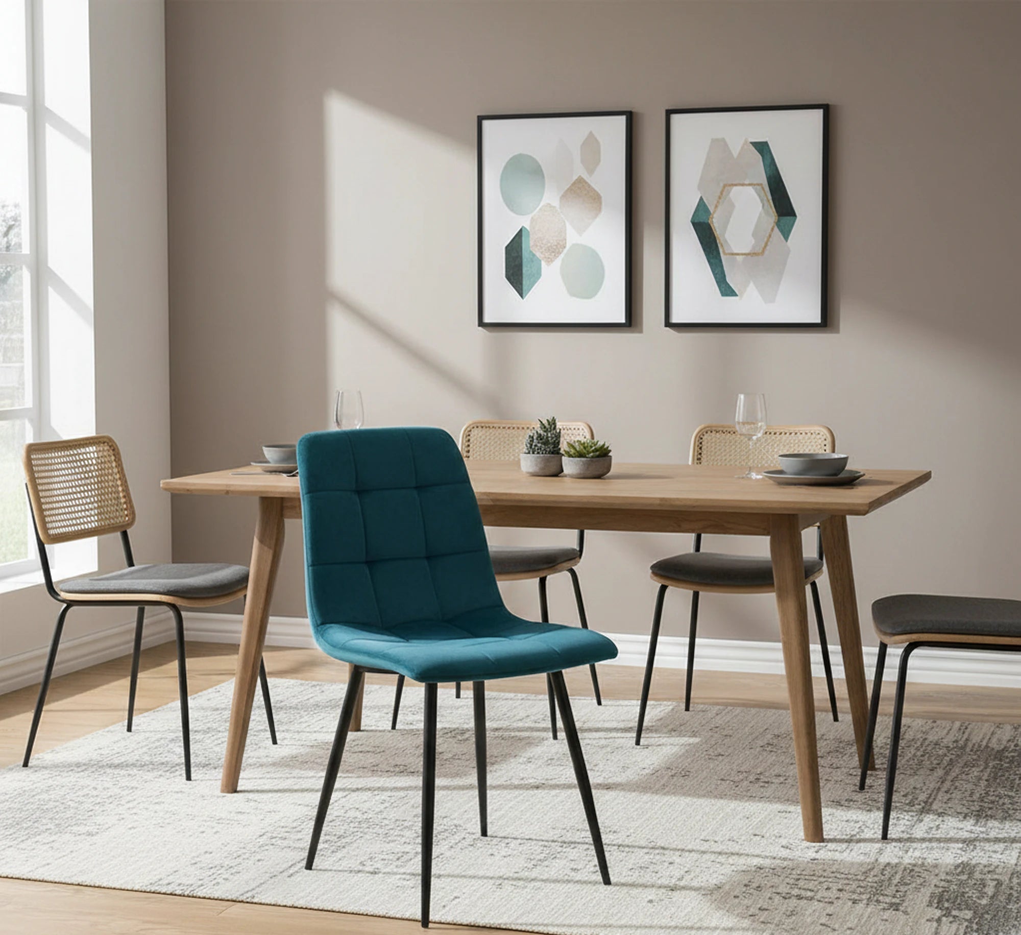 Scaun tapitat MILA, turcoaz/negru, stofa catifelata/metal, 45x41x86 cm