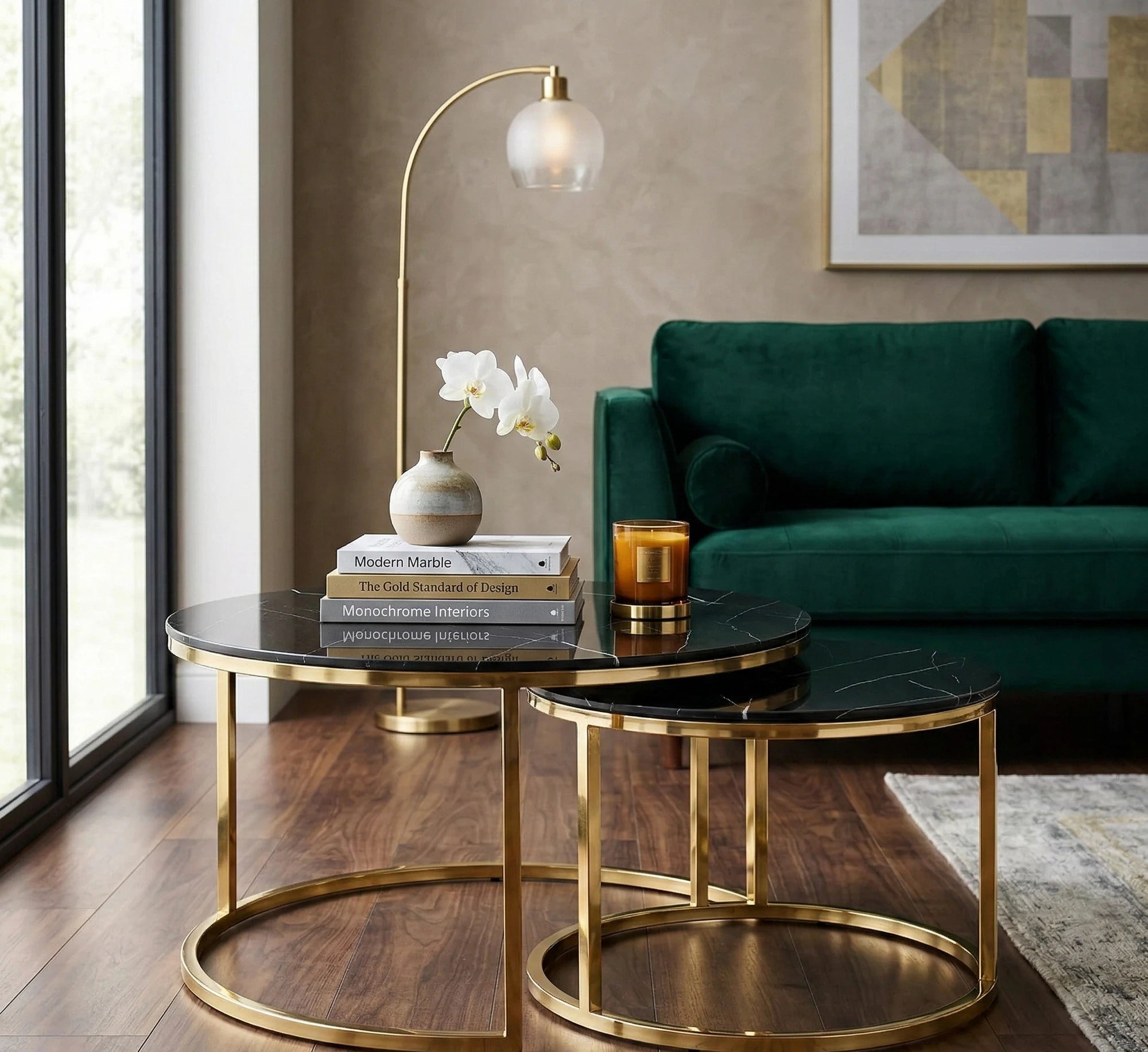 Set 2 masute MUSE II, negru cu efect de marmura/auriu, sticla/metal