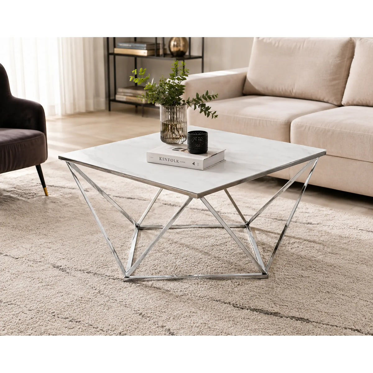 Masuta Silver A II, alb cu efect de marmura/argintiu, sticla securizata/otel, 80x80x45 cm