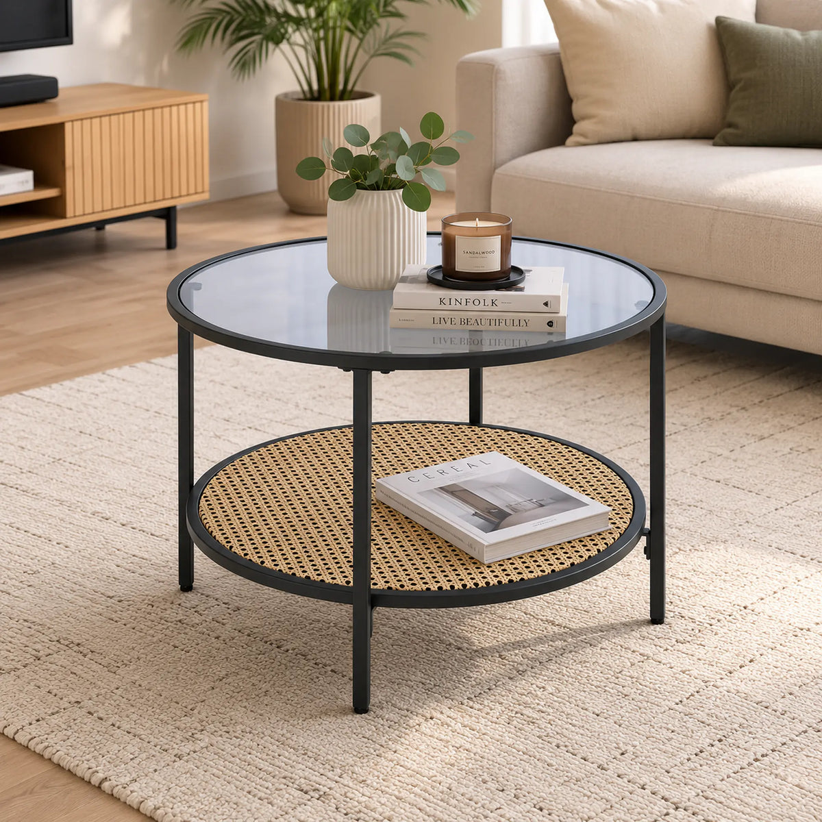 Masuta cafea DAKOTA, negru fumuriu/negru, ratan sintetic/otel, 60x60x45 cm