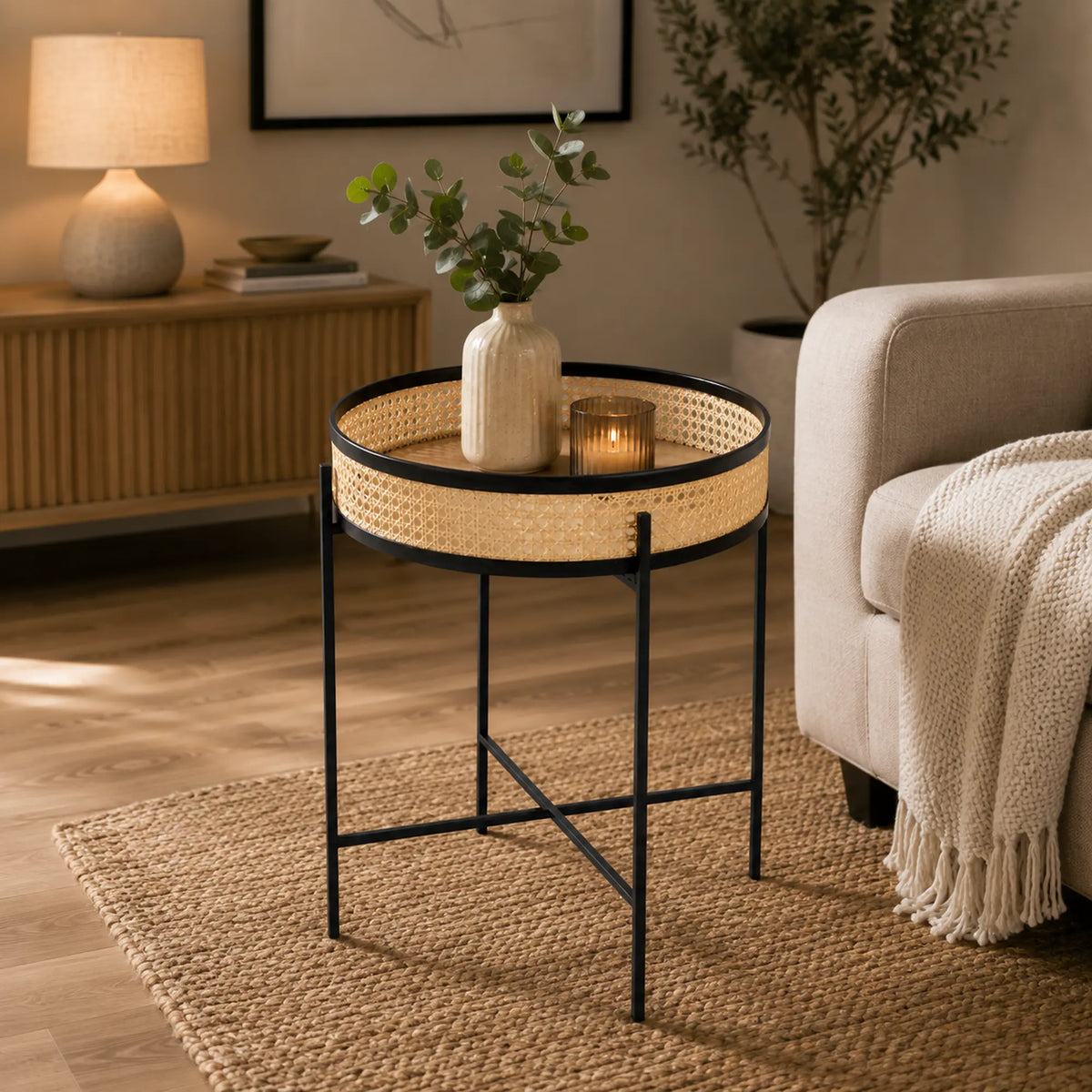 Masuta cafea LANIPA, negru/stejar natural, ratan/otel, 50x50x55 cm