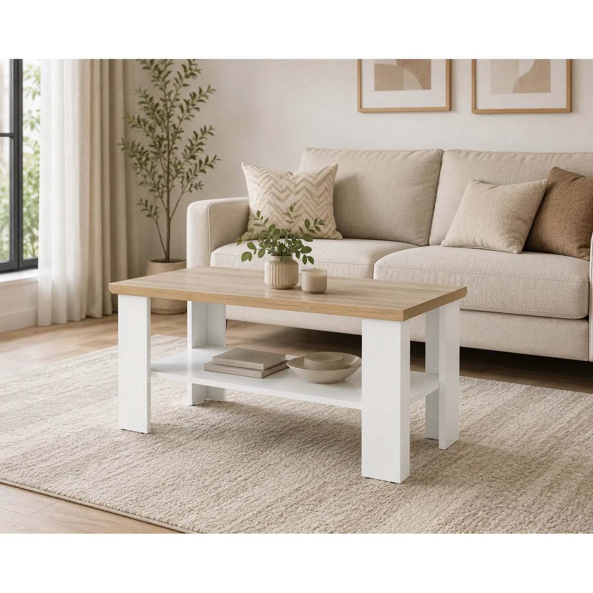 Masuta cafea LEON MZ17, PAL laminat, alb/stejar grand, 120x60x55 cm