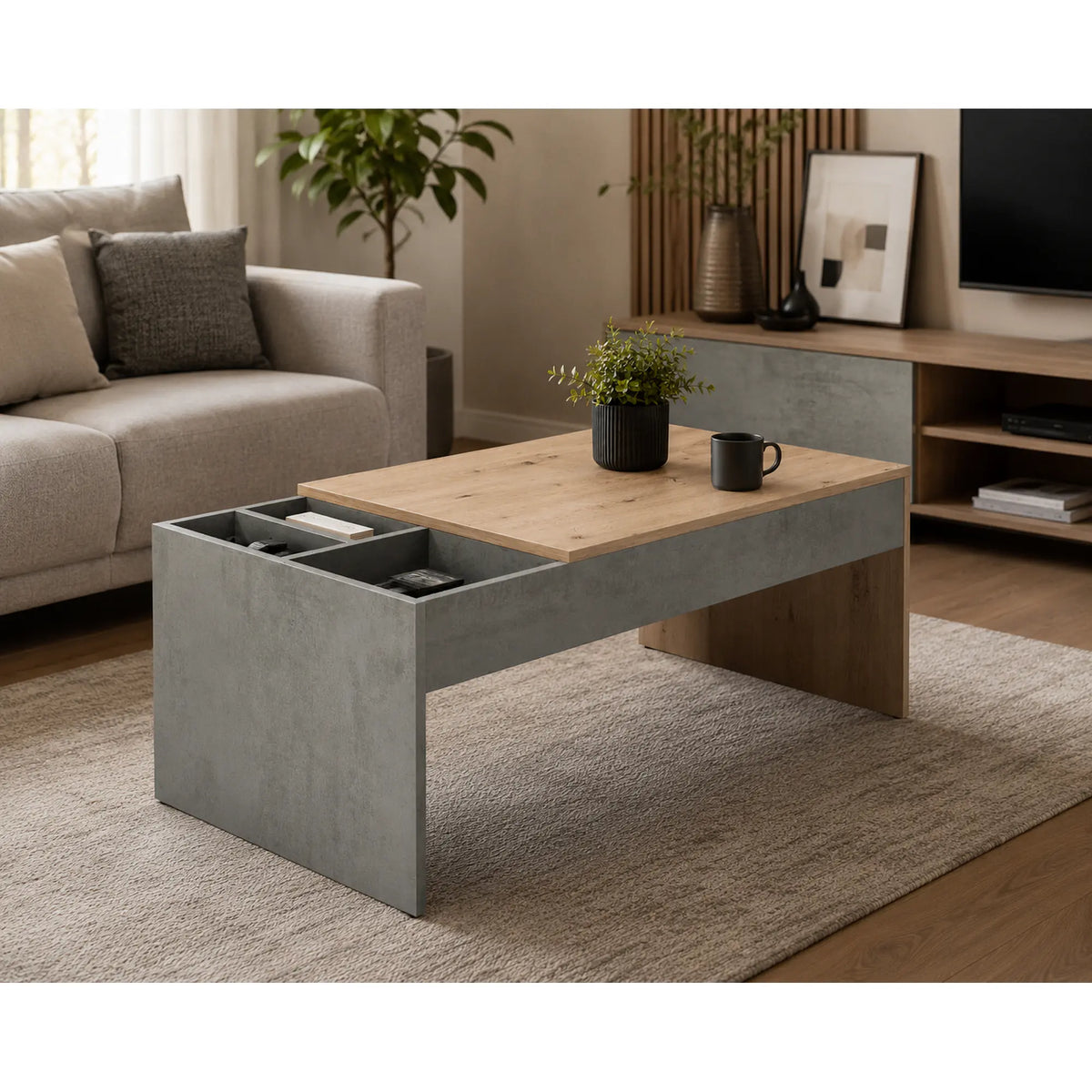 Masuta cafea LEVI, stejar artisan/gri beton, PAL, 110x60x45 cm