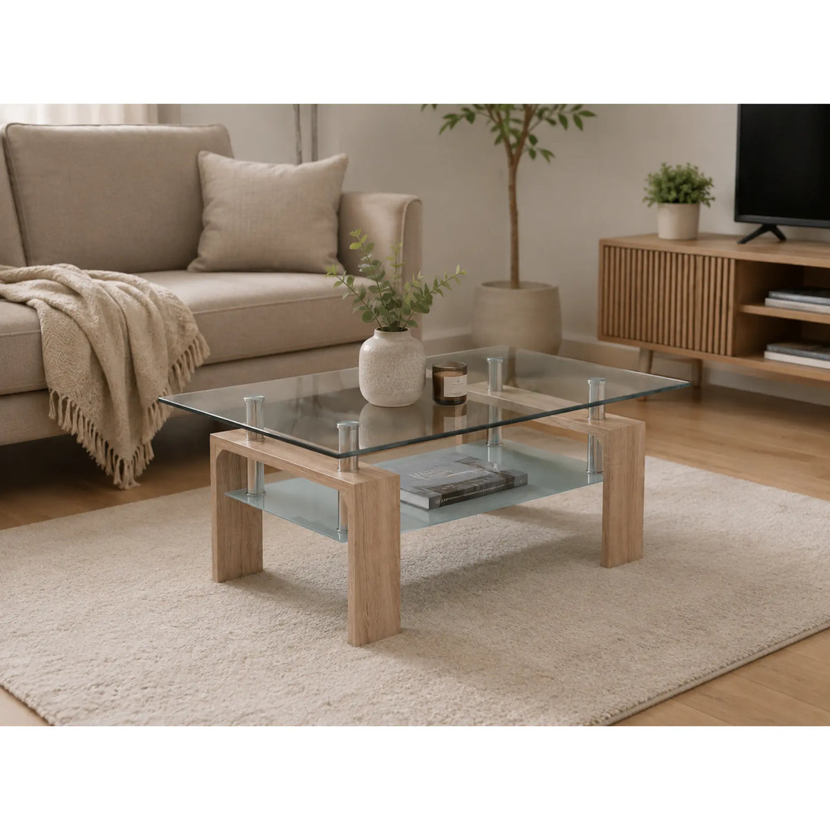 Masuta de cafea LIBOR NEW, stejar sonoma/transparent, MDF/sticla securizata, 100x60x42 cm