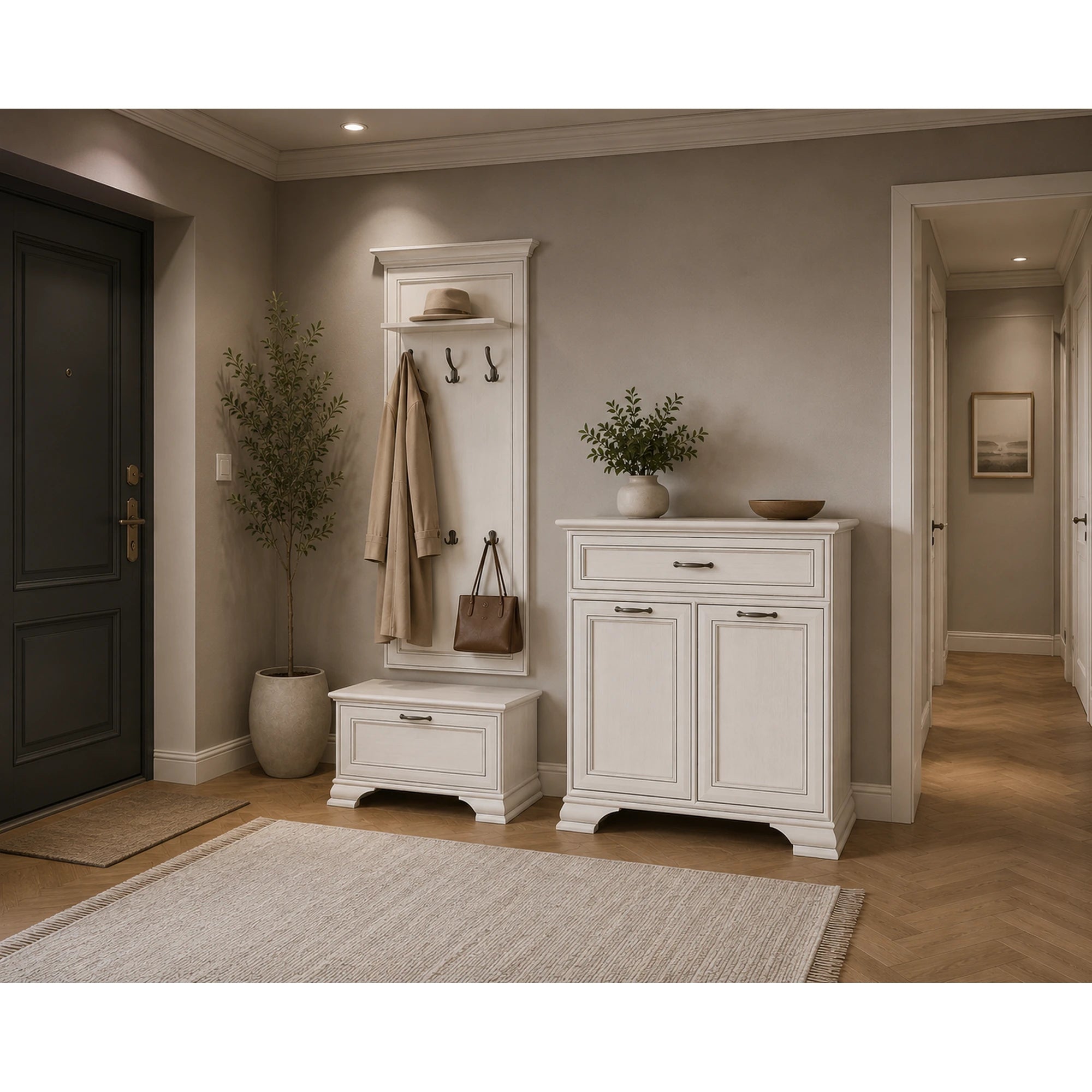 Mobila hol clasica TIFFANY II, crem, PAL laminat, 3 piese