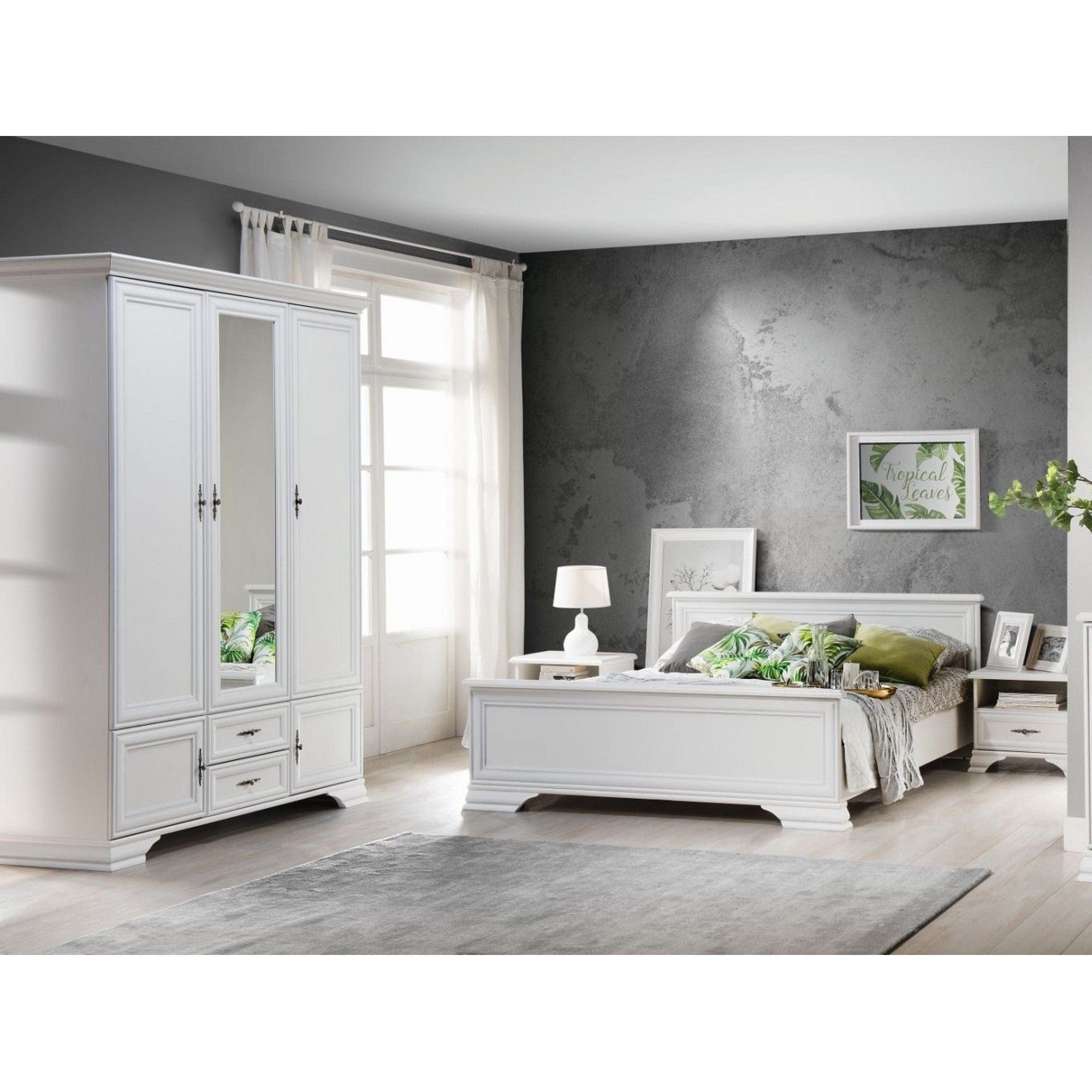 Mobilier dormitor alb IDENTO 2, cu pat 160x200, dulap cu 5 usi si 2 sertare, si 2 noptiere