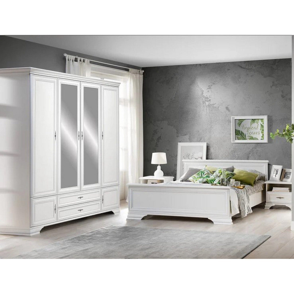 Mobilier dormitor alb IDENTO 3, PAL melaminat, cu pat 160x200, dulap cu 6 usi si 2 sertare si noptiere