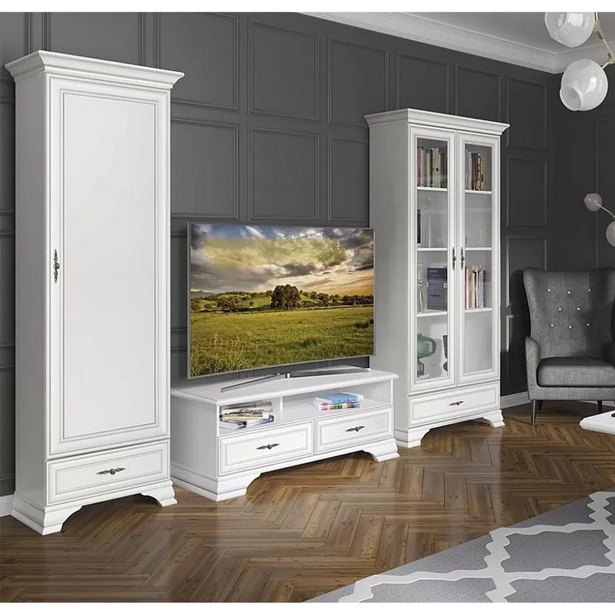 Mobilier living alb clasic IDENTO 4, format din dulap, vitrina si comoda TV