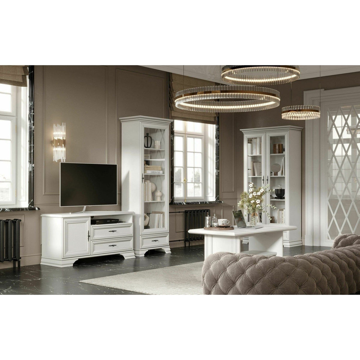 Mobilier living alb clasic IDENTO 5, format din 2 vitrine, masuta cafea si comoda TV