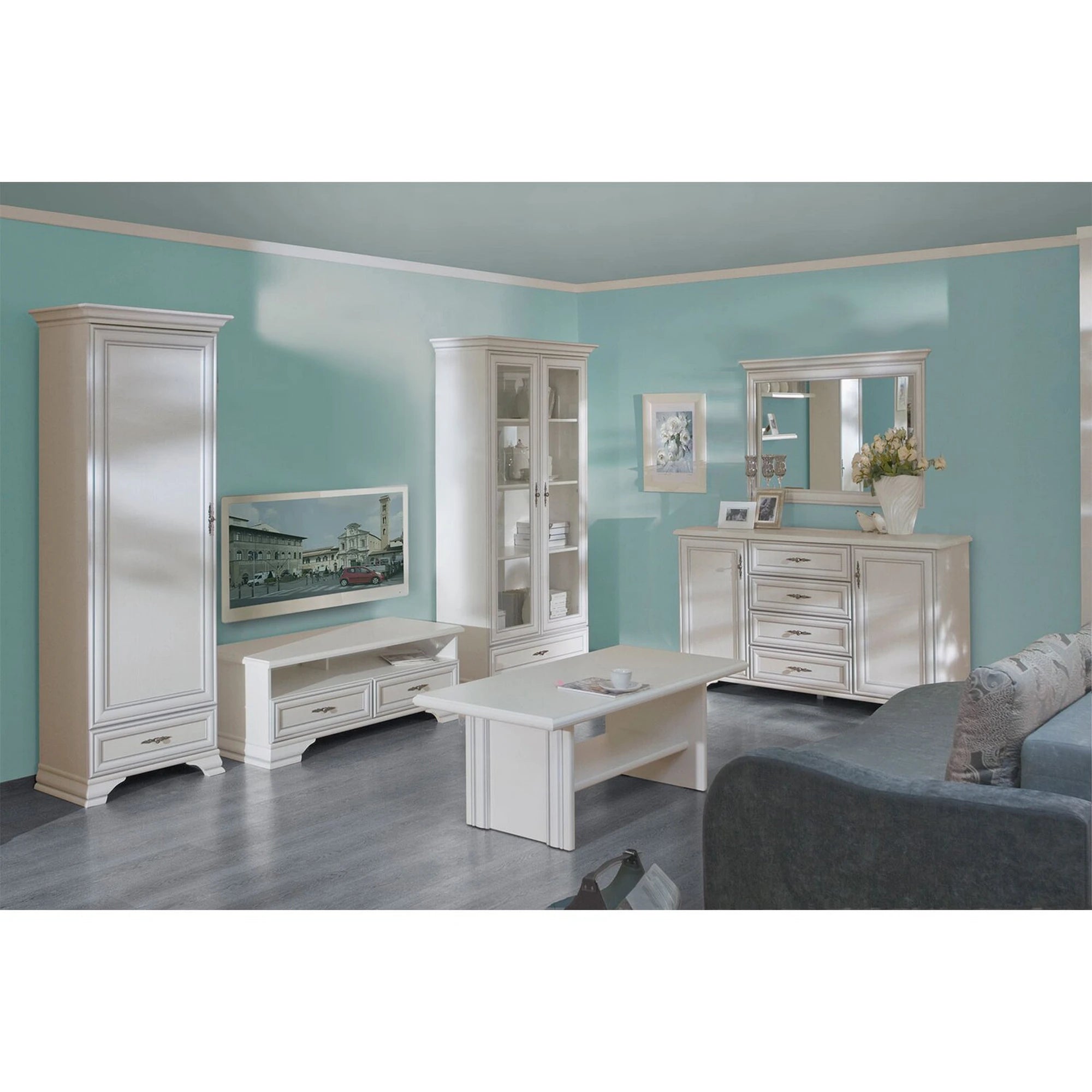 Mobilier living alb clasic IDENTO 7, format din vitrina, dulap, comoda, masuta cafea si comoda TV