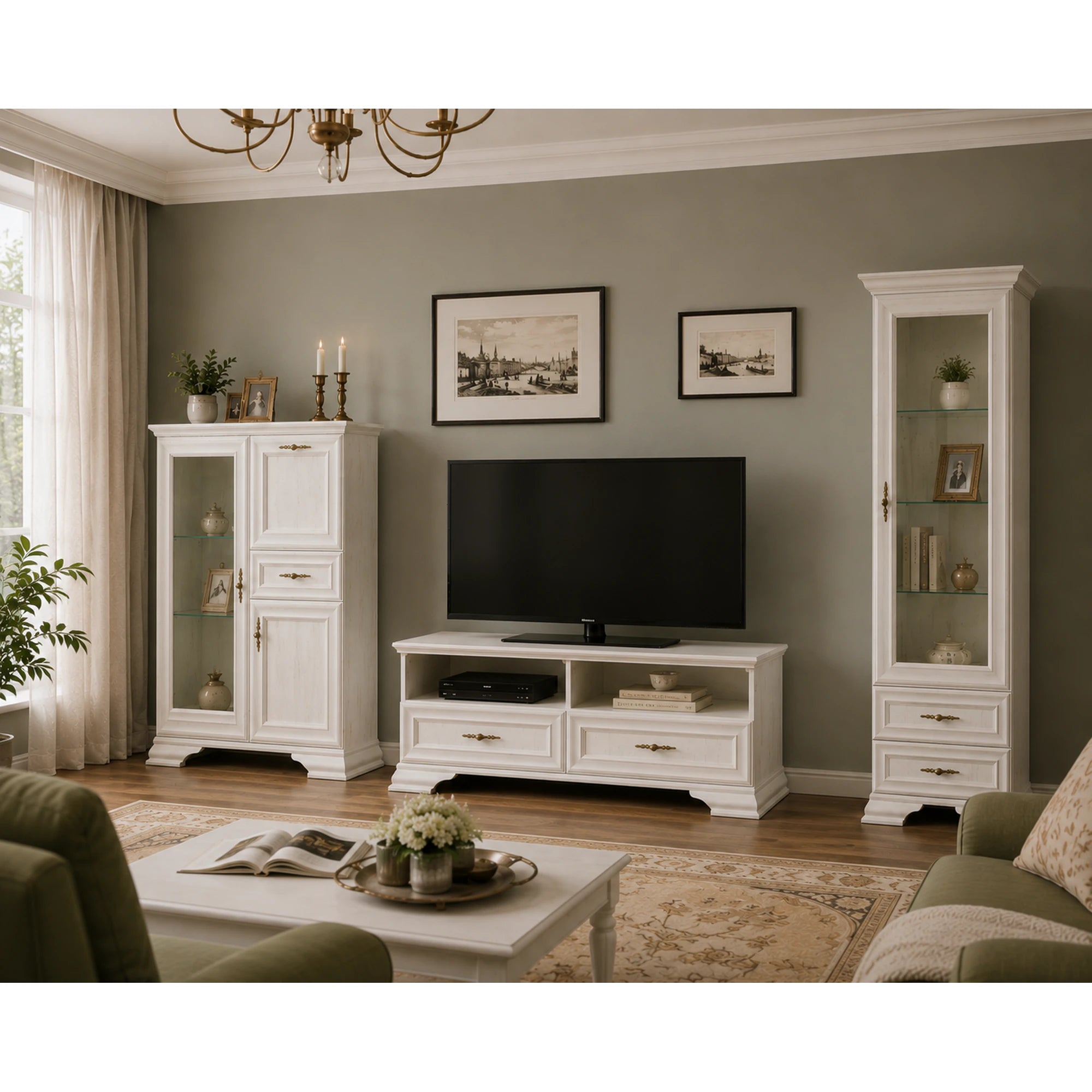 Mobilier living clasic IRYS, pin alb anderson, PAL laminat, 3 piese