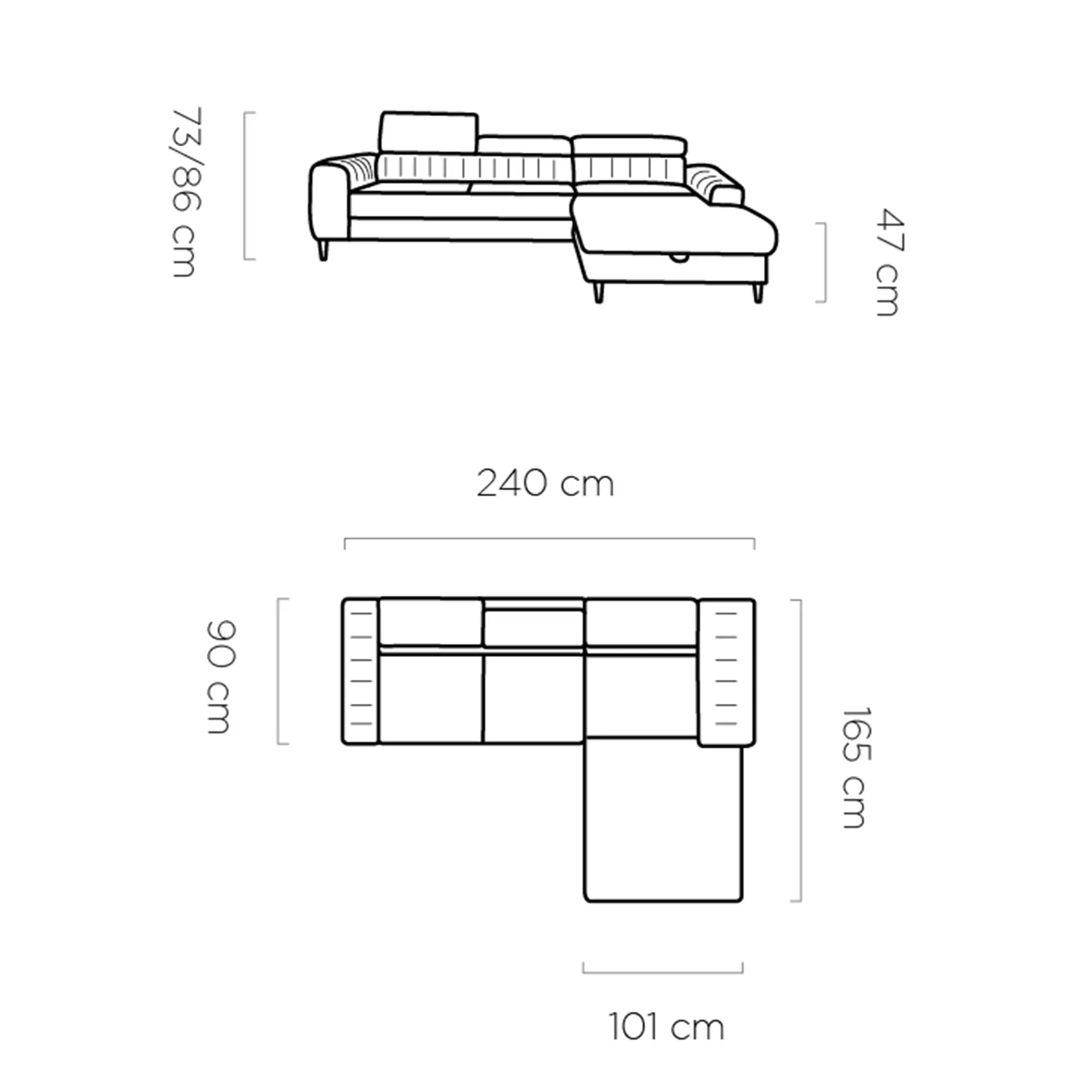 Coltar extensibil NAVAS MINI, personalizabil materiale Gama Premium, cu lada depozitare si tetiere reglabile, 240x165x86 cm