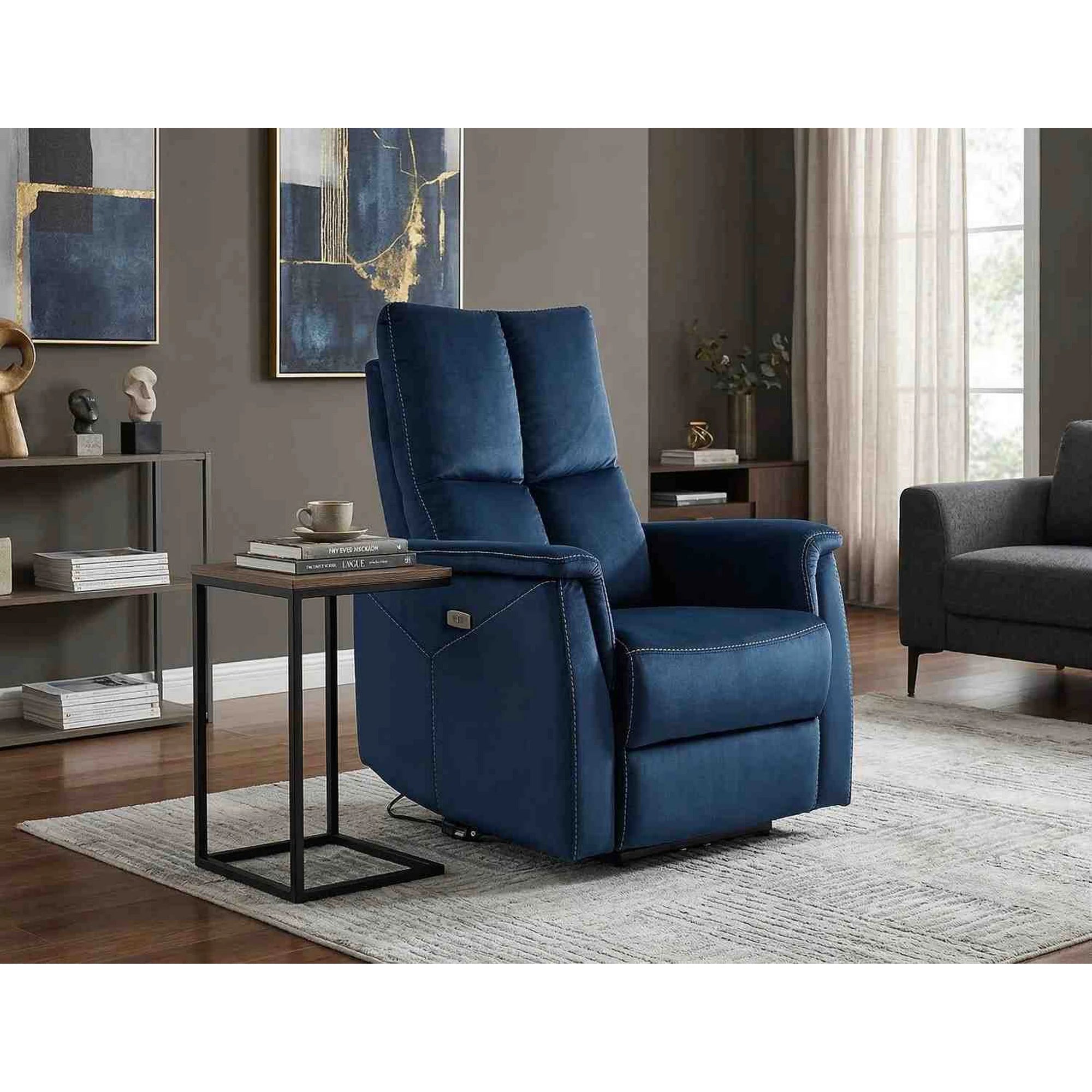 Fotoliu recliner NEPTUN, albastru inchis/negru, stofa catifelata/metal, 76x94/160x96 cm