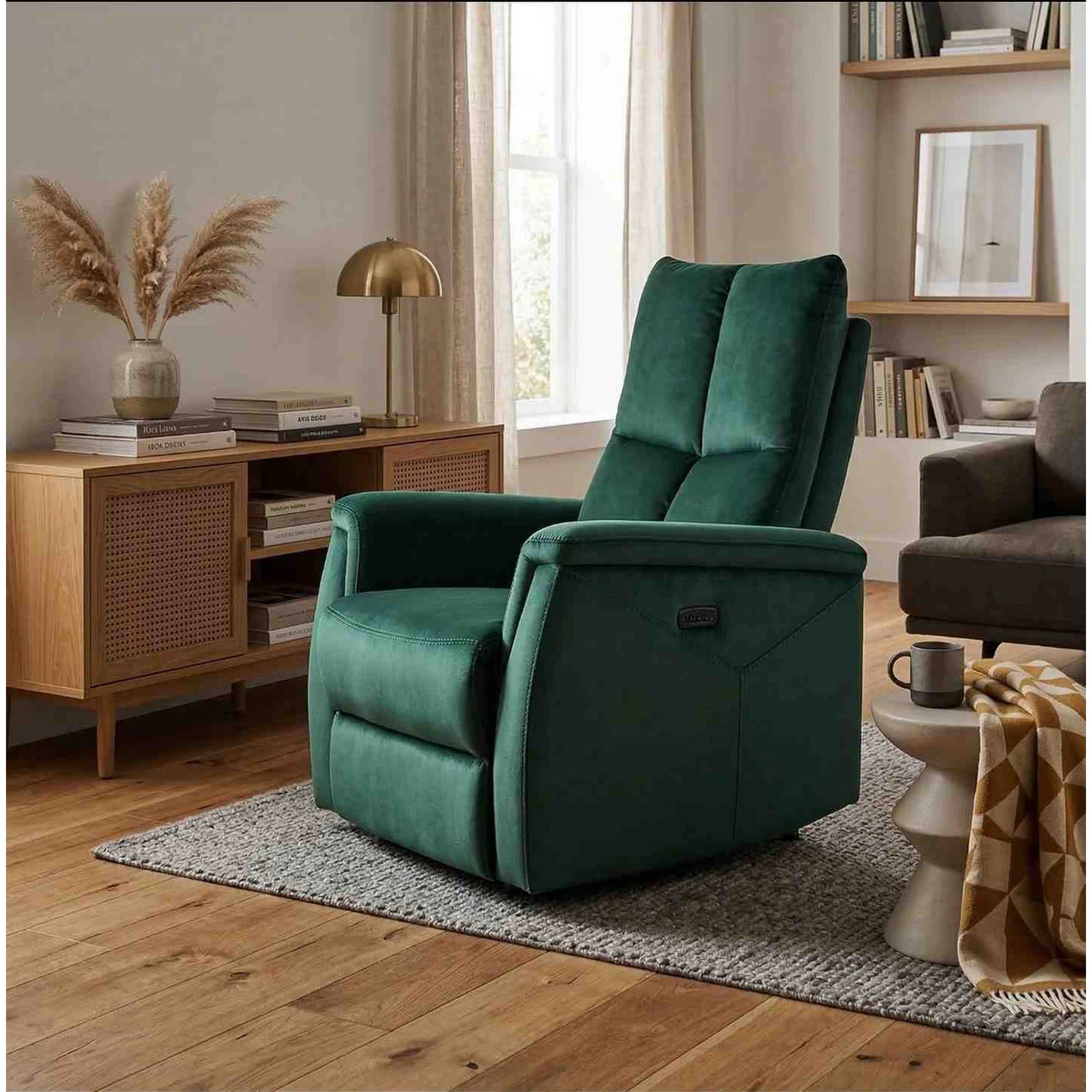 Fotoliu recliner NEPTUN, verde/negru, stofa catifelata/metal, 76x74/160x96 cm