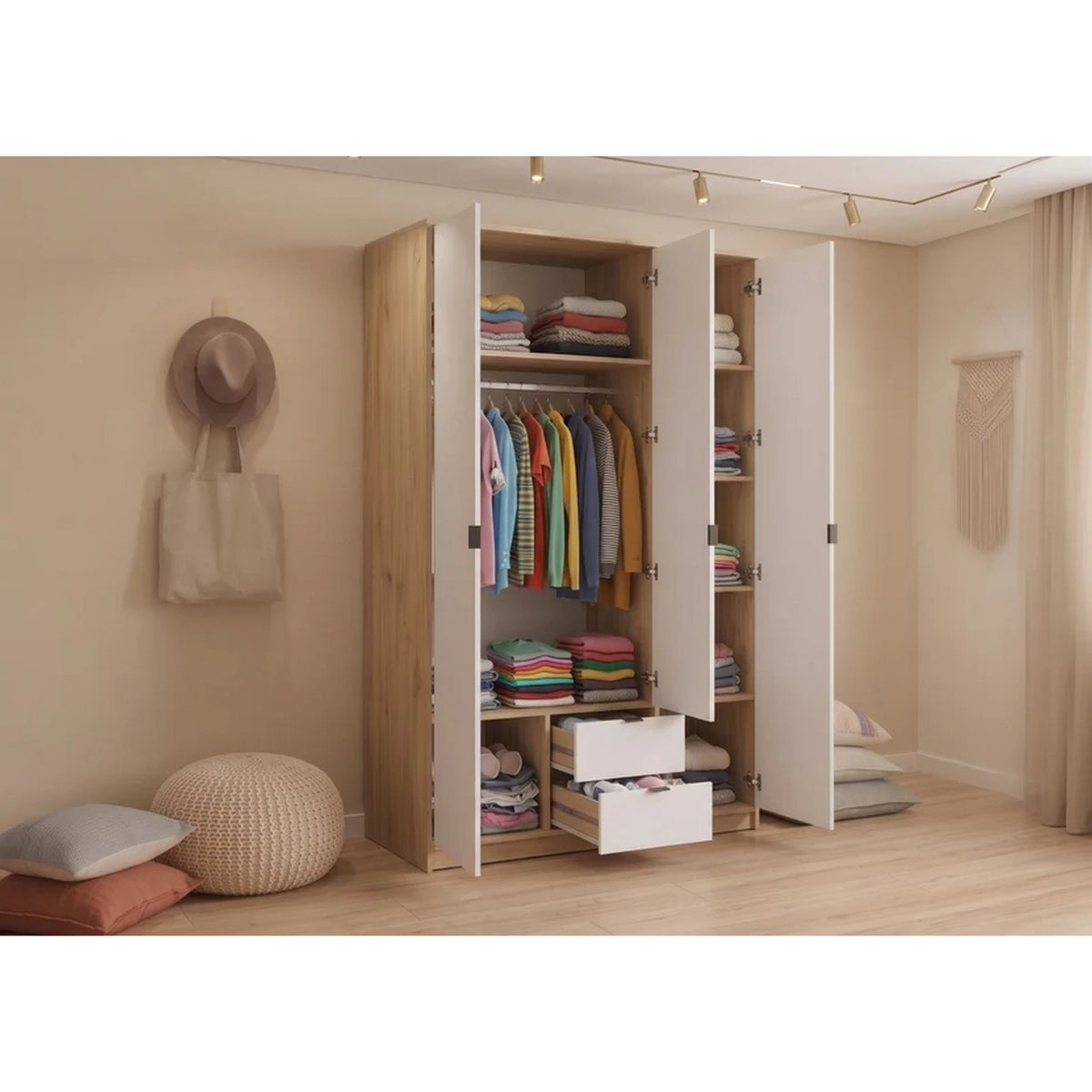Dulap cu 3 usi si 2 sertare NEPON, stejar artisan/alb, PAL laminat, 118x54x197 cm