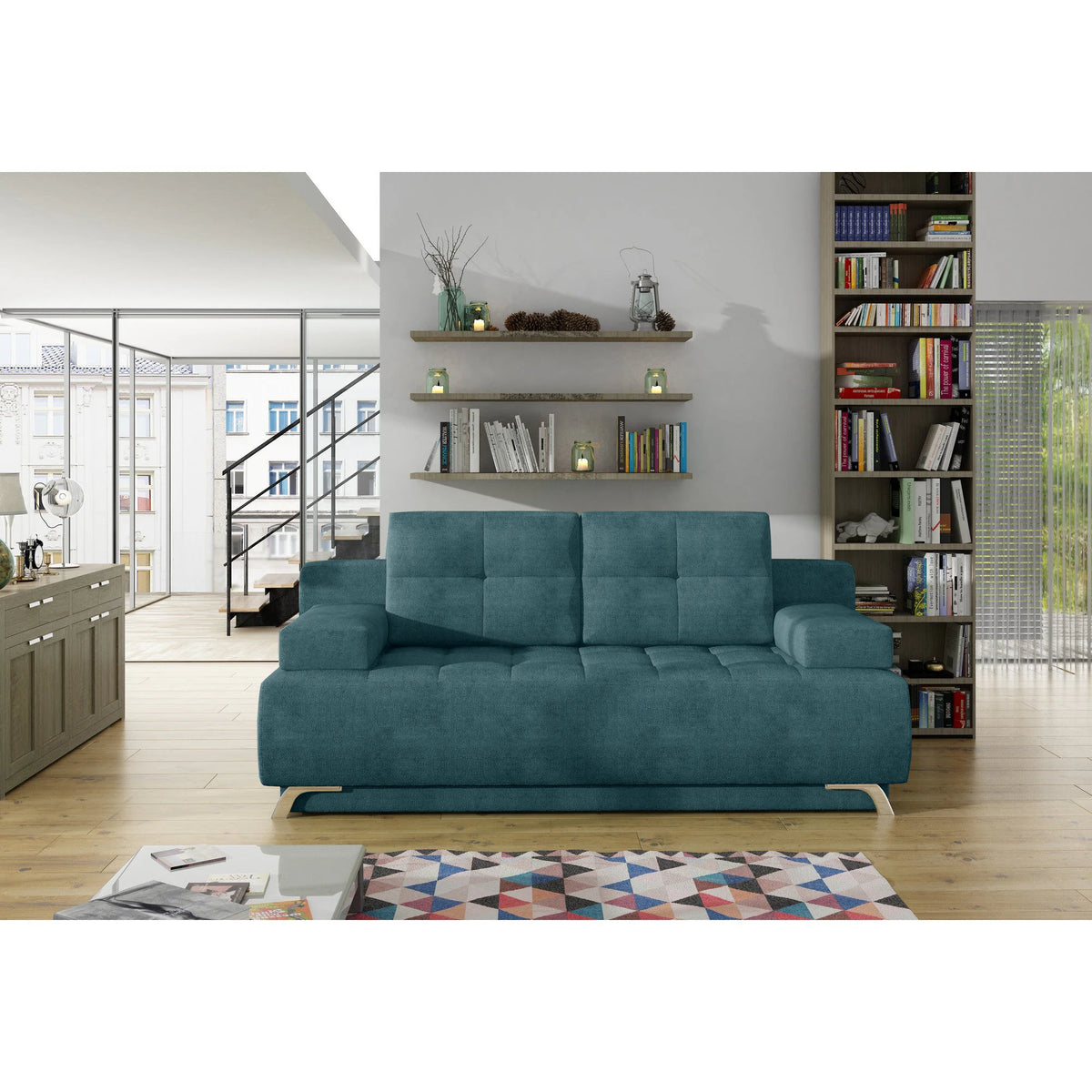 Canapea extensibila OSLO, stofa catifelata turcoaz inchis - Riviera 87, Gama Premium, cu lada depozitare, 197x94x90 cm