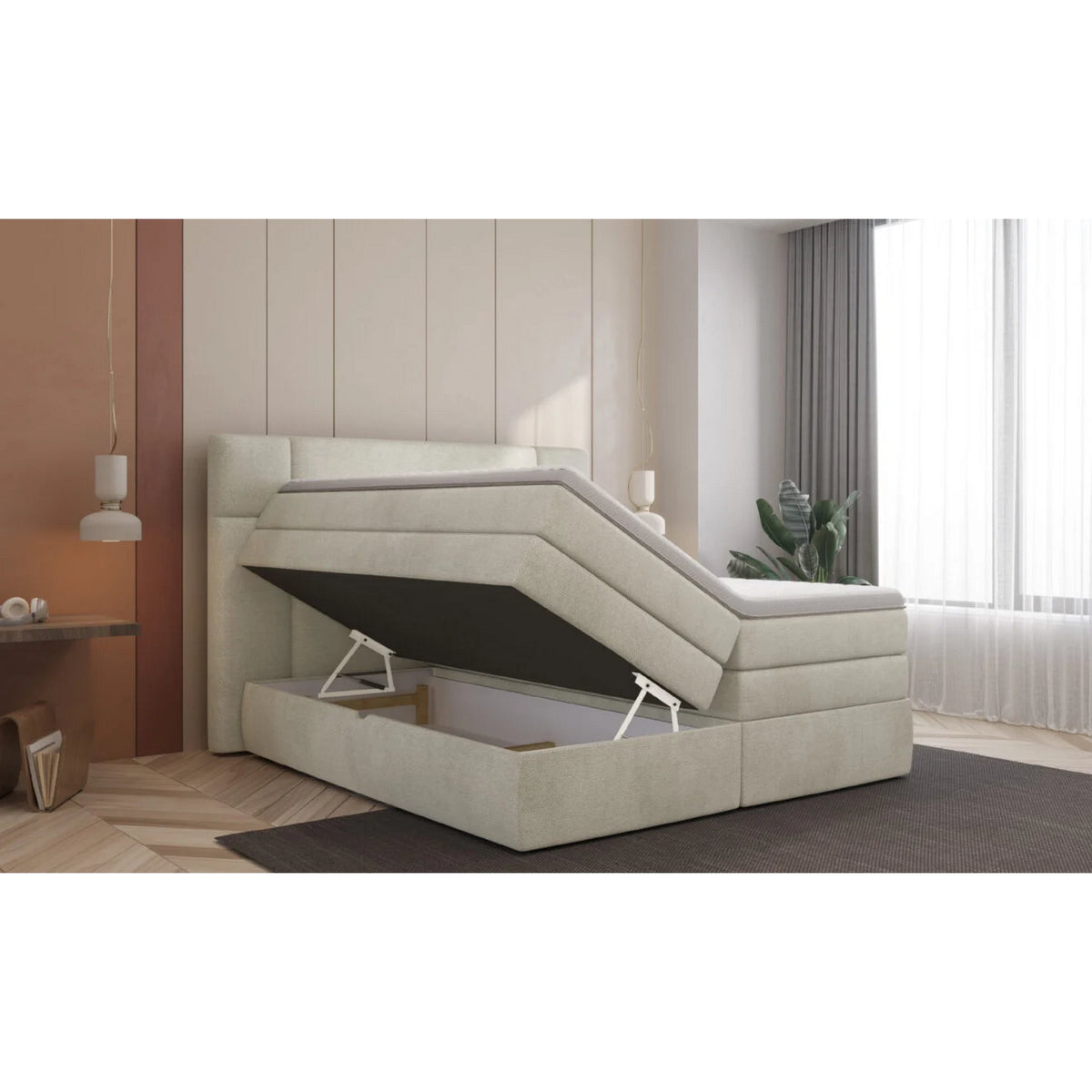 Pat boxspring PALACE 160x200, personalizabil materiale gama Oferta Avantaj, cu saltele, topper si lada pentru depozitare