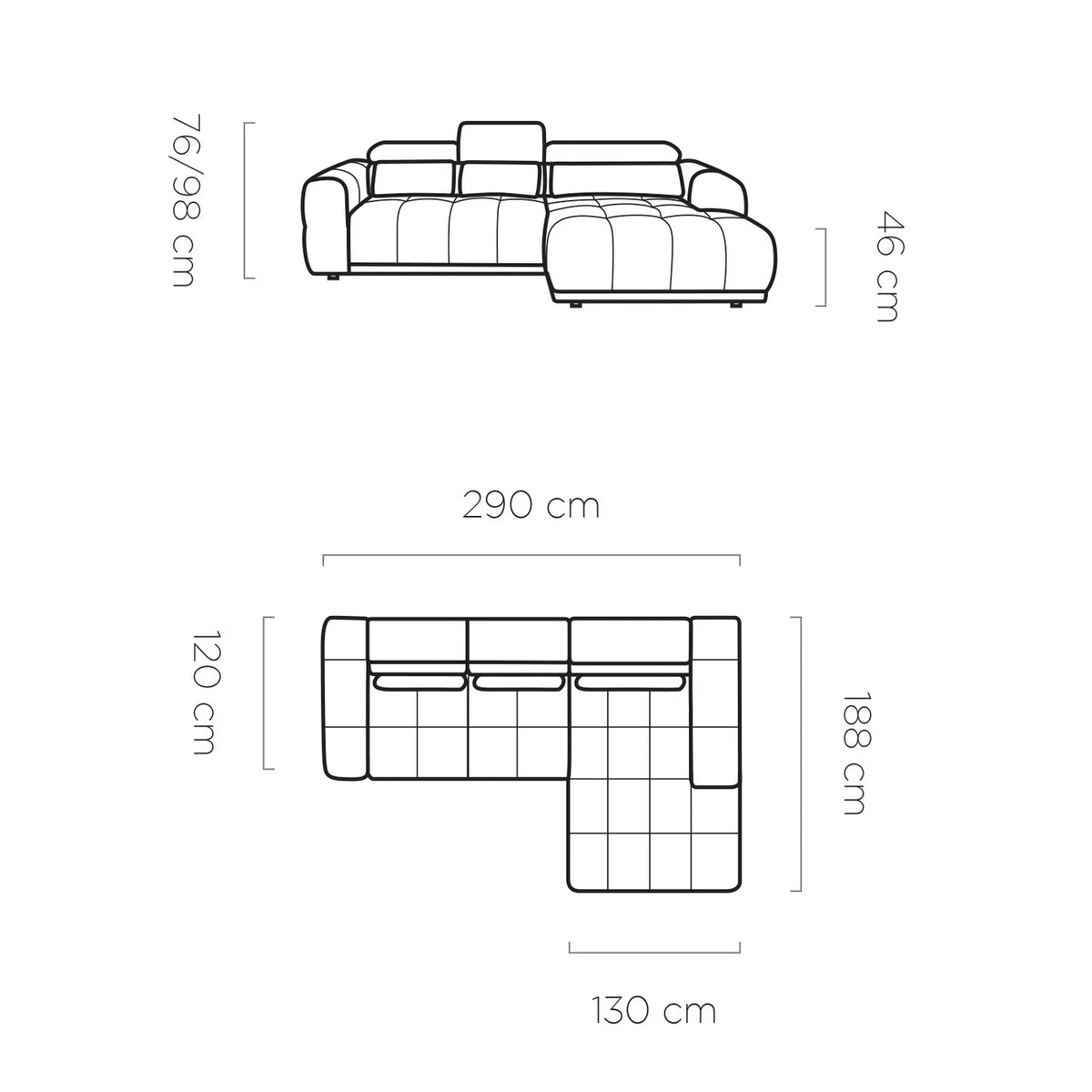 Coltar PANAMA S, personalizabil materiale Gama Premium, cu reglaj electric, 290x188x98 cm