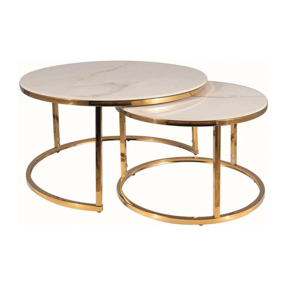Set 2 masute cafea PORTAFINO A, alb cu efect de marmura/auriu, ceramica/metal, 60/45