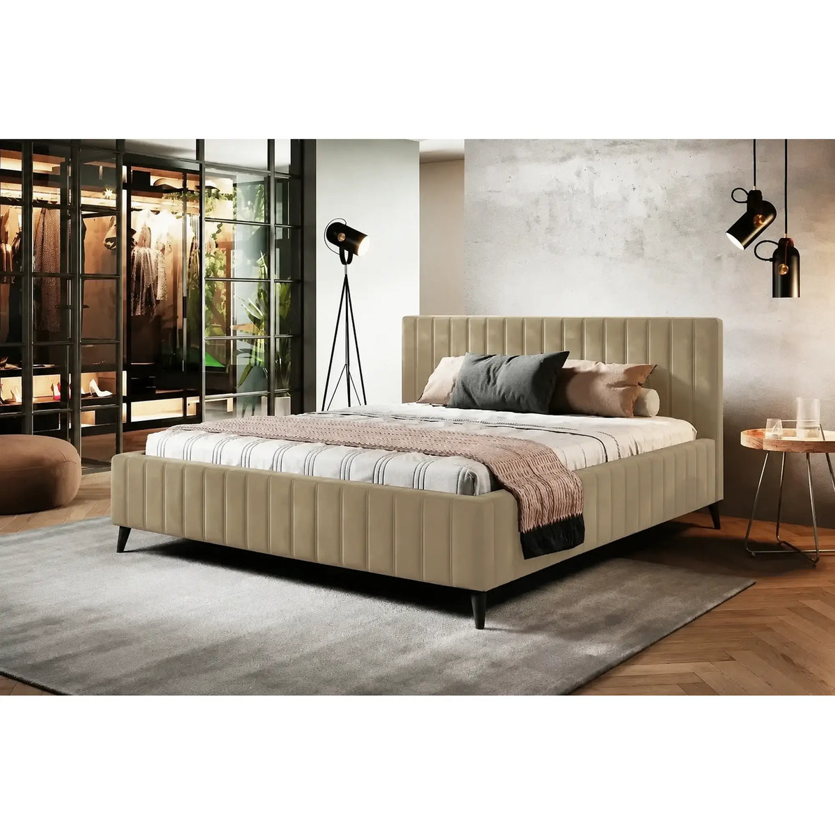 Pat MAGGIE SR 180x200, stofa catifelata bej - Riviera 16, cu suport saltea si sistem de reglare