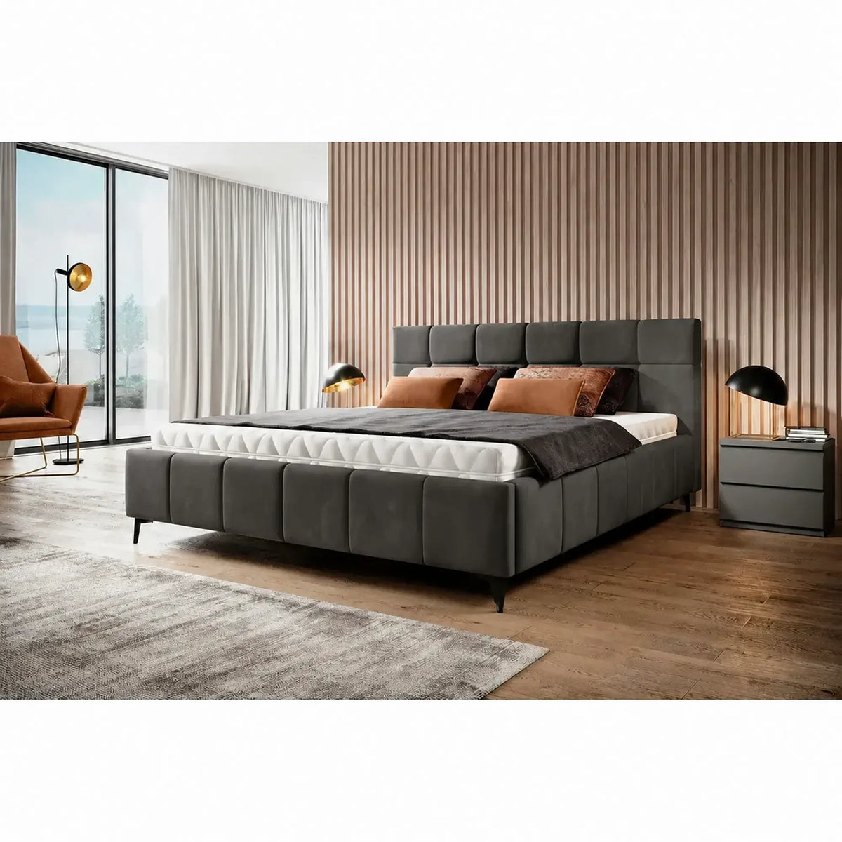 Pat NAOMI SR 160x200, stofa catifelata gri inchis - Riviera 97, somiera metalica si sistem de reglare