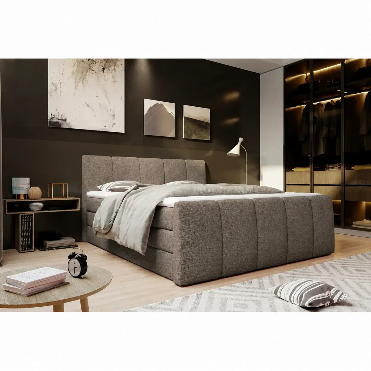 Pat boxspring FRESCO 160x200, stofa clasica maro - Austin 04, cu saltele, topper si 2 lazi pentru depozitare