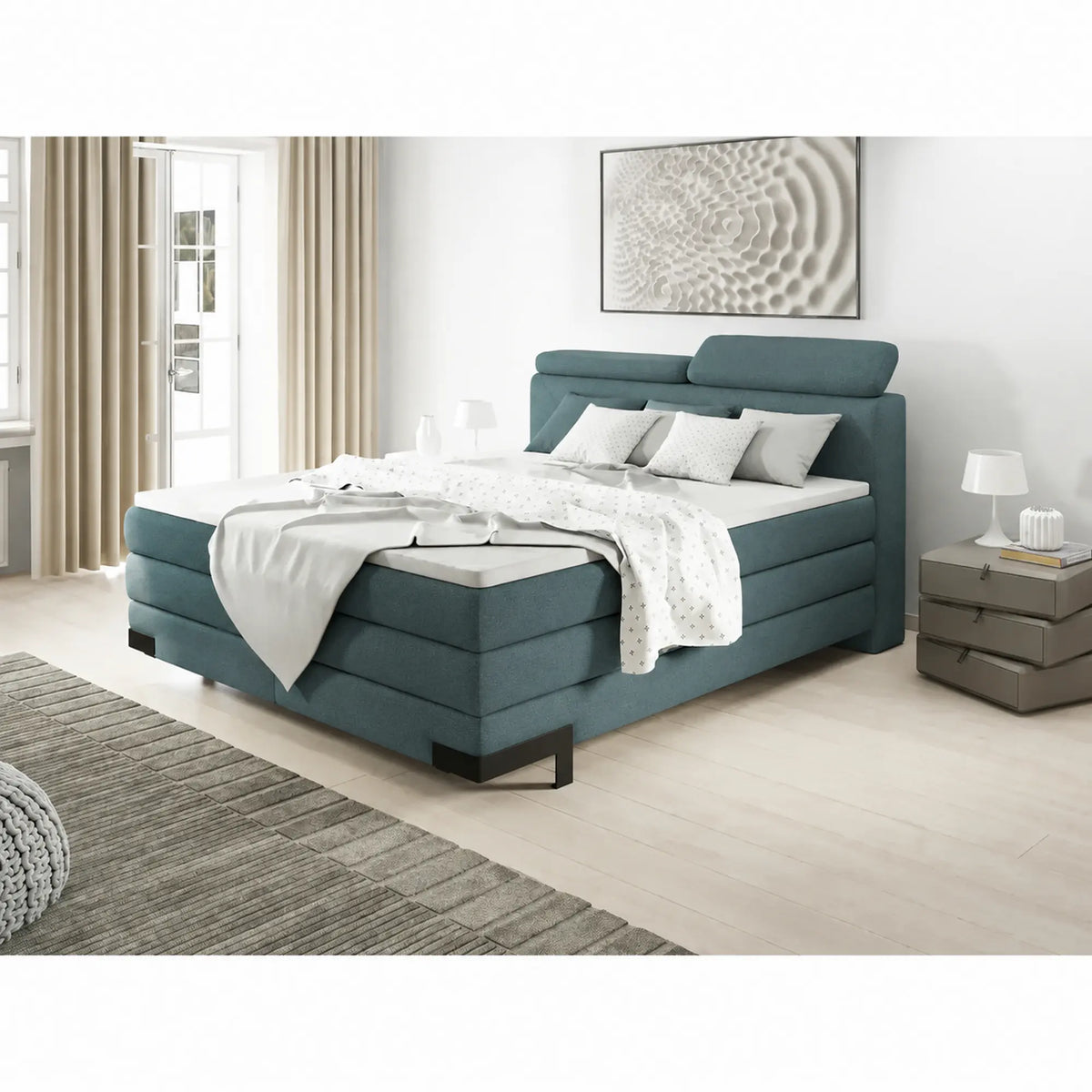 Pat boxspring KANO 160x200, stofa catifelata albastru - Palladium 14, cu saltea, topper, tetiere reglabile si 2 spatii depozitare