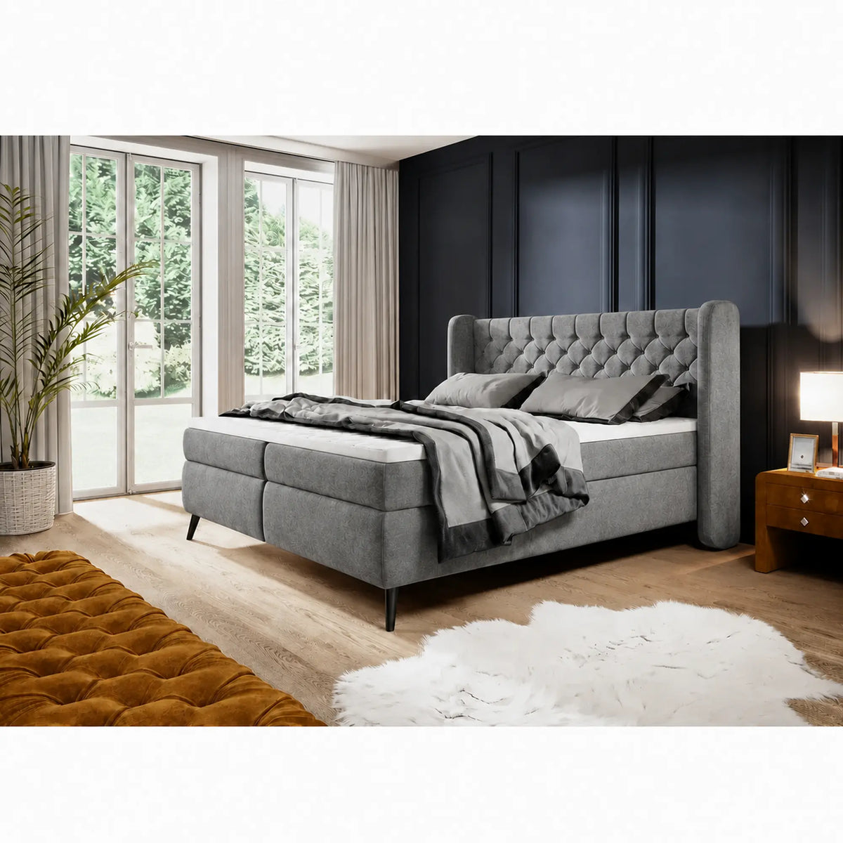 Pat boxspring MADISON 160x200, stofa gri - Salvador 14, cu saltele si topper