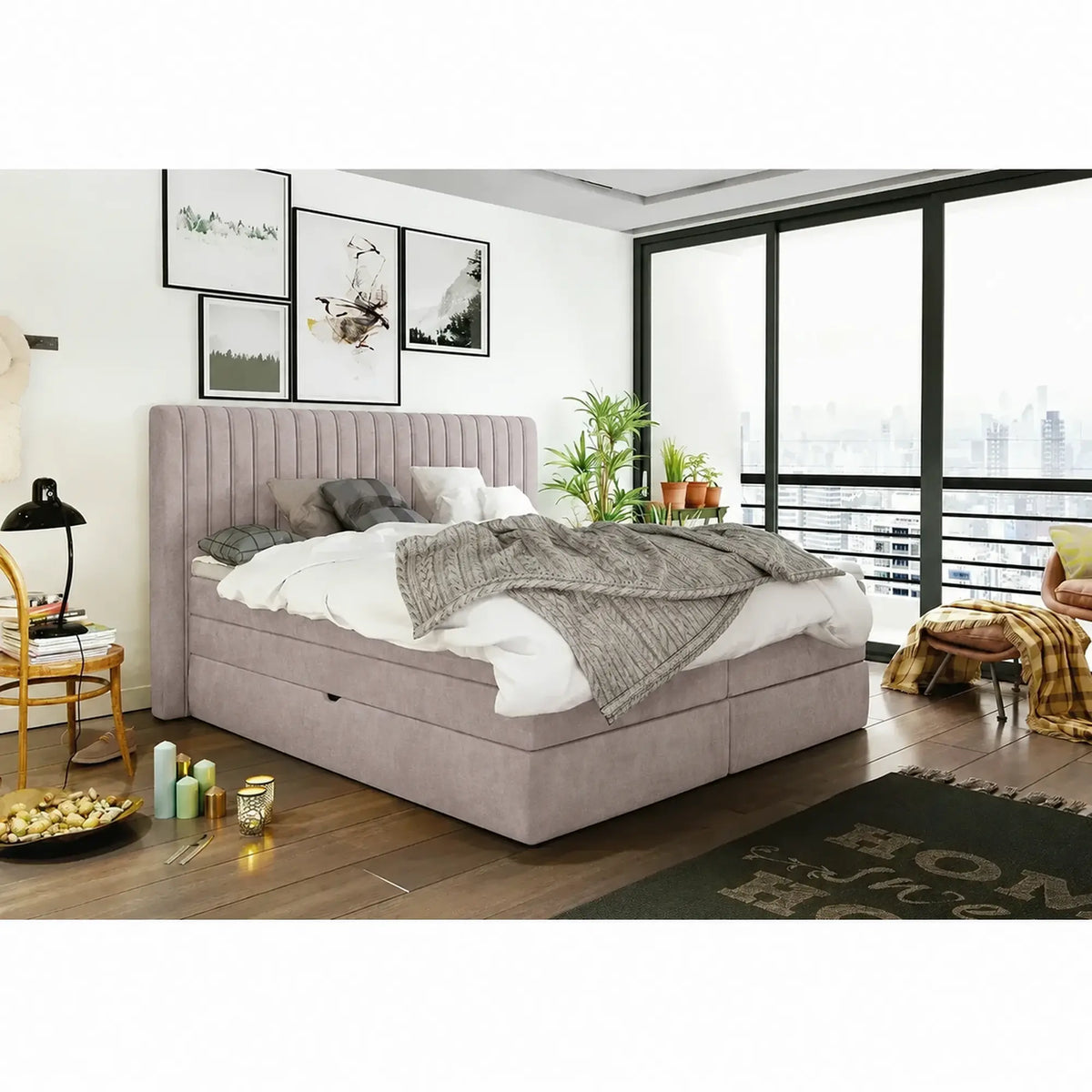 Pat boxspring MINOLA 180x200, stofa catifelata bej - Whisper 3, cu saltele, topper si 2 lazi pentru depozitare