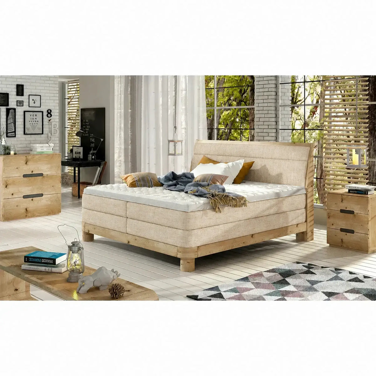 Pat lemn cu tablie tapitata DONNA 160x200, stofa catifelata bej - Shanghai 02, cu saltea si topper