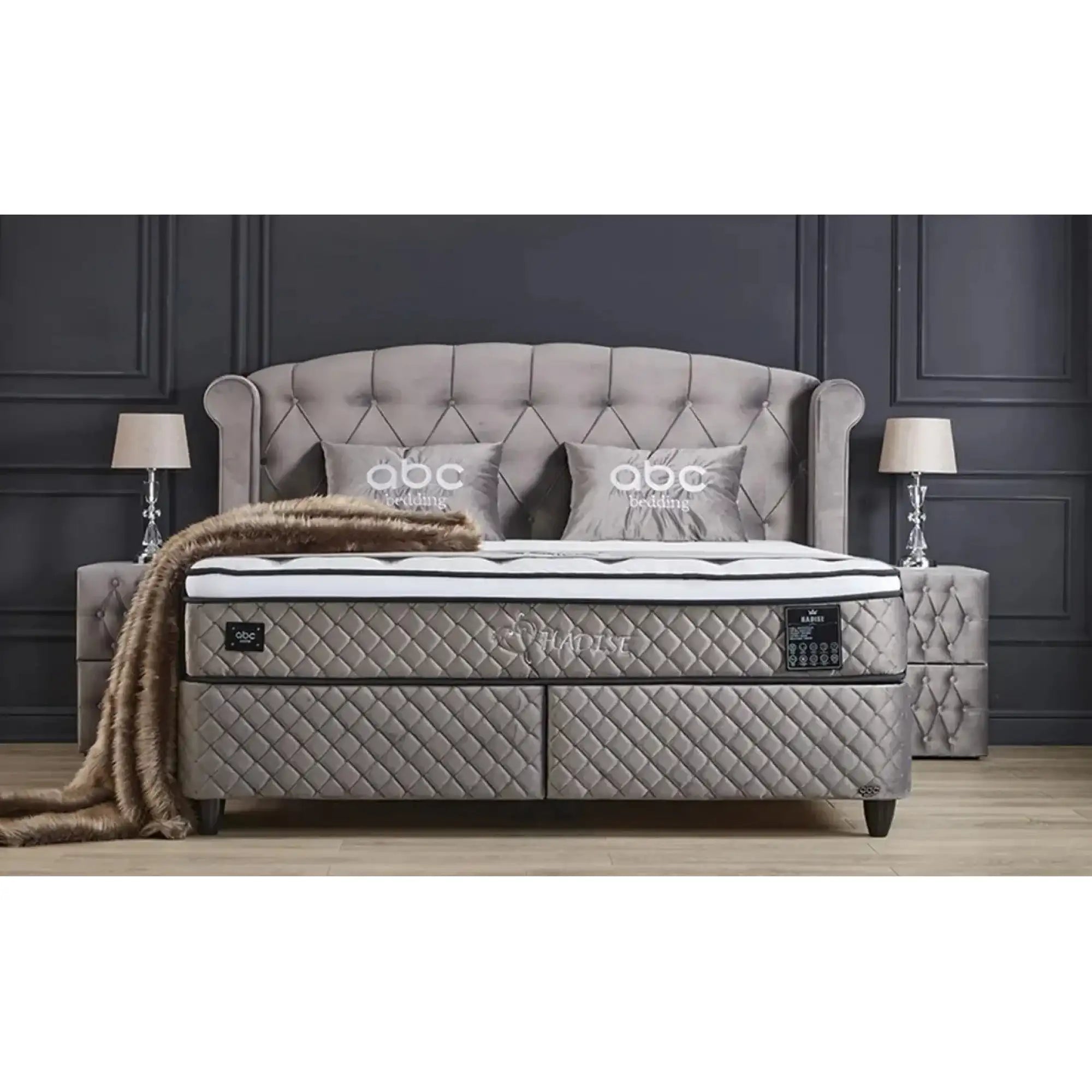 Pat Hadise 160x200, stofa gri, cu somiera si lada pentru depozitare