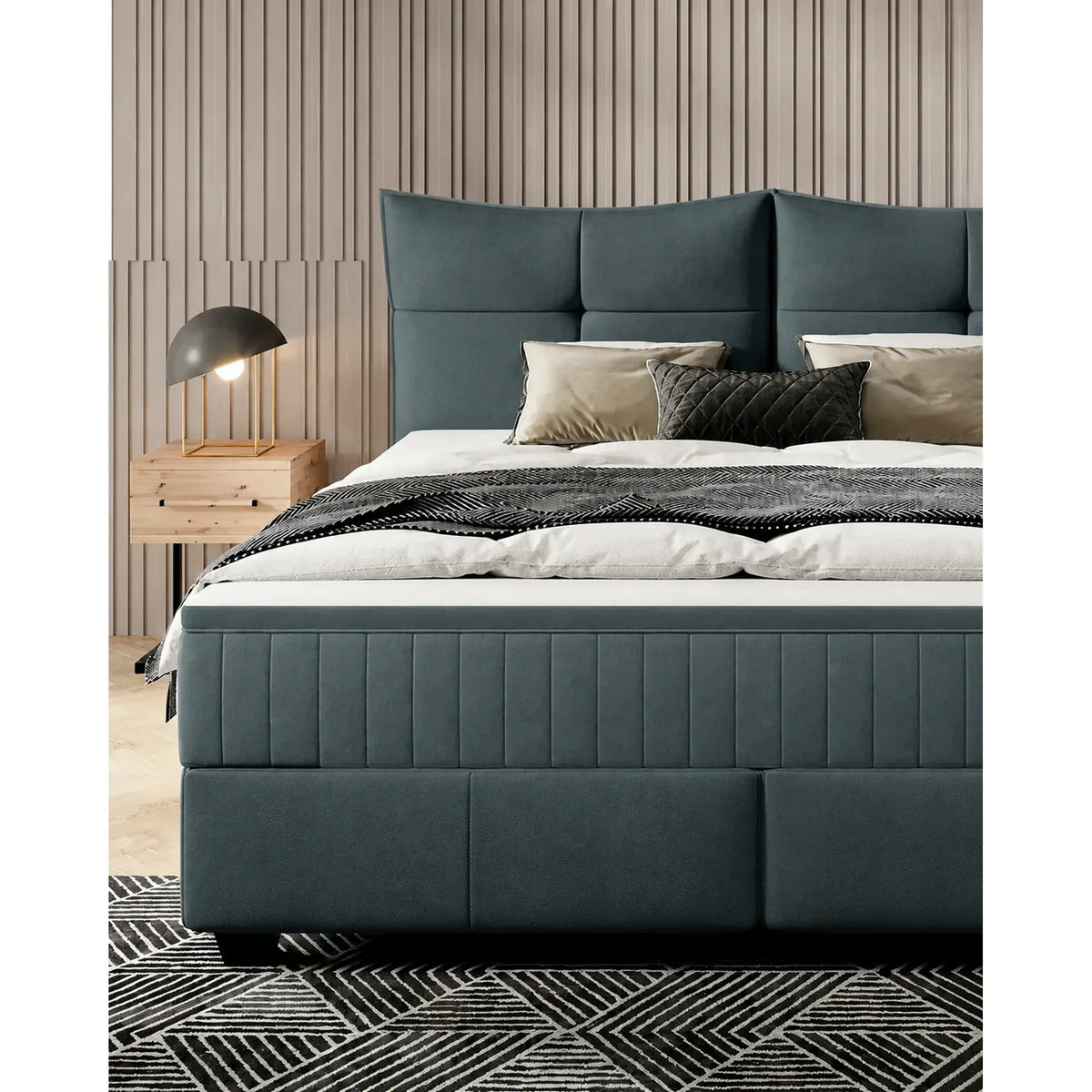 Pat CADIS 180x200, stofa catifelata turcoaz inchis - Riviera 87, cu suport pentru saltea